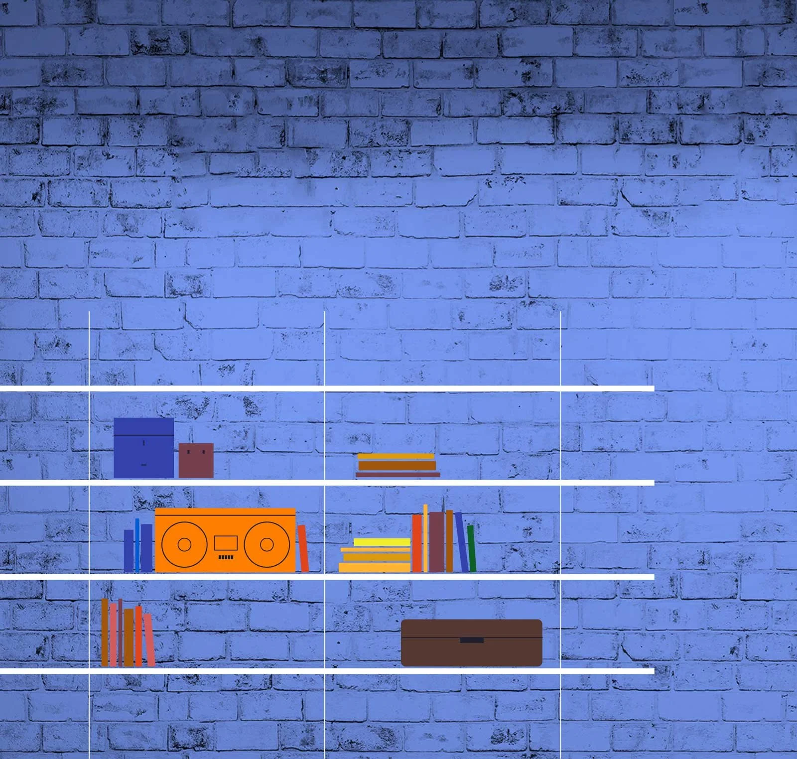 Wall with blue brick background and white shelves holding books, a brown box, and a retro orange portable stereo.