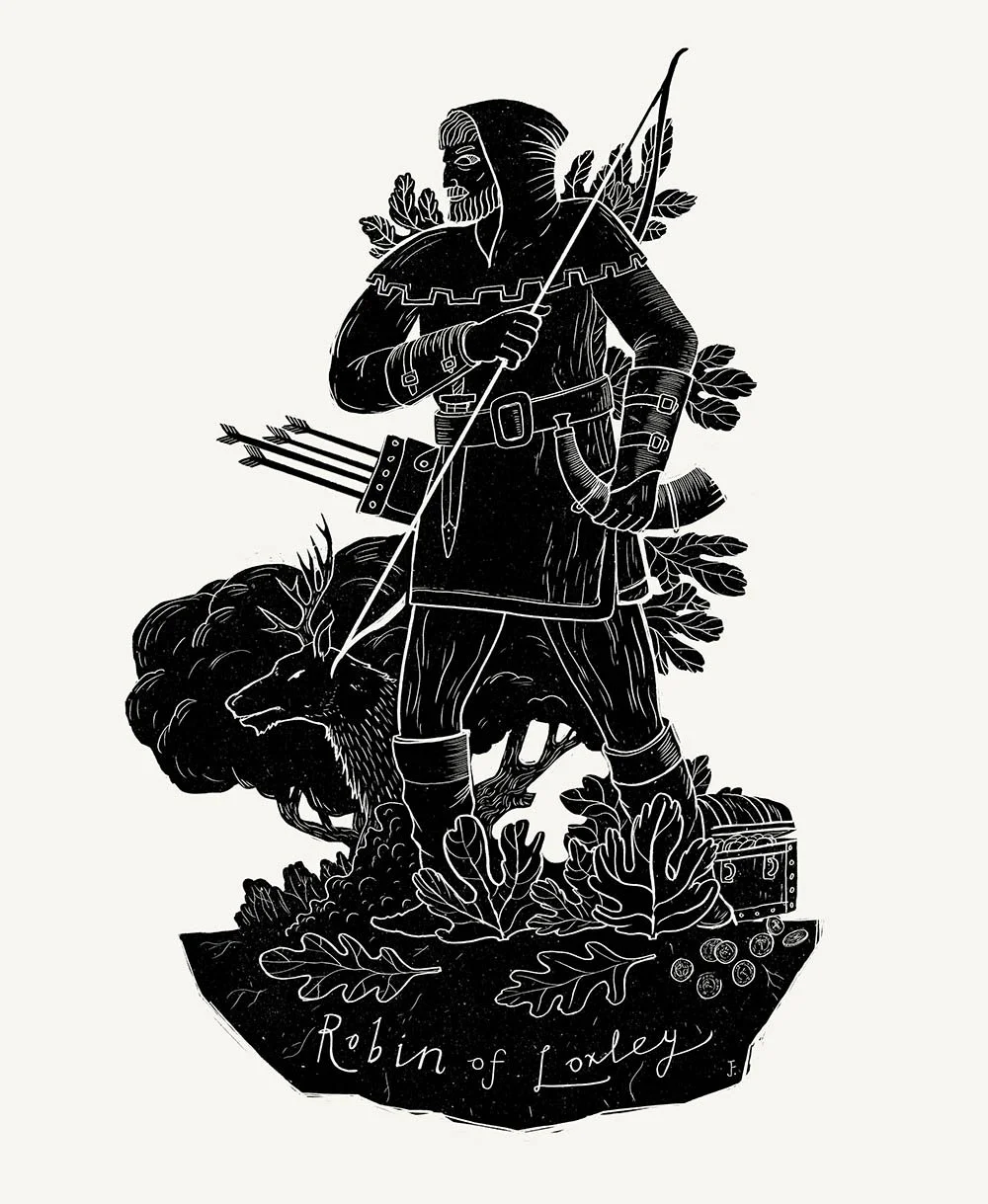 A lino cut style image of Robin Hood holding a bow