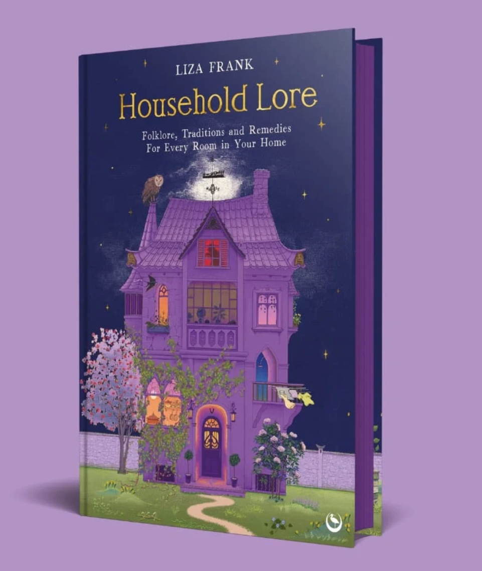 Image is a cover of Household Lore, a tall purple witchy-looking house