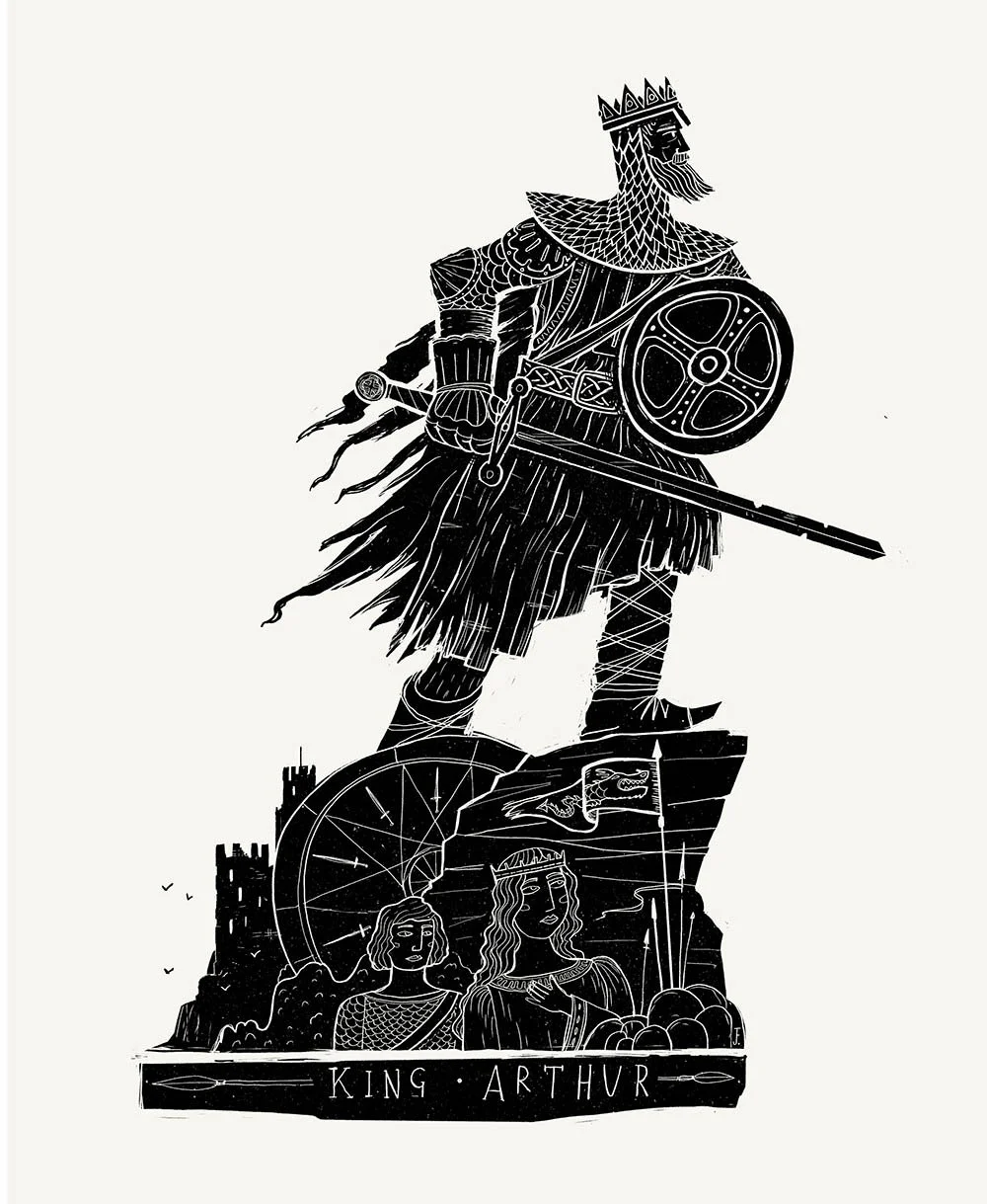 Lino cut style image of historic king holding a sword and shield