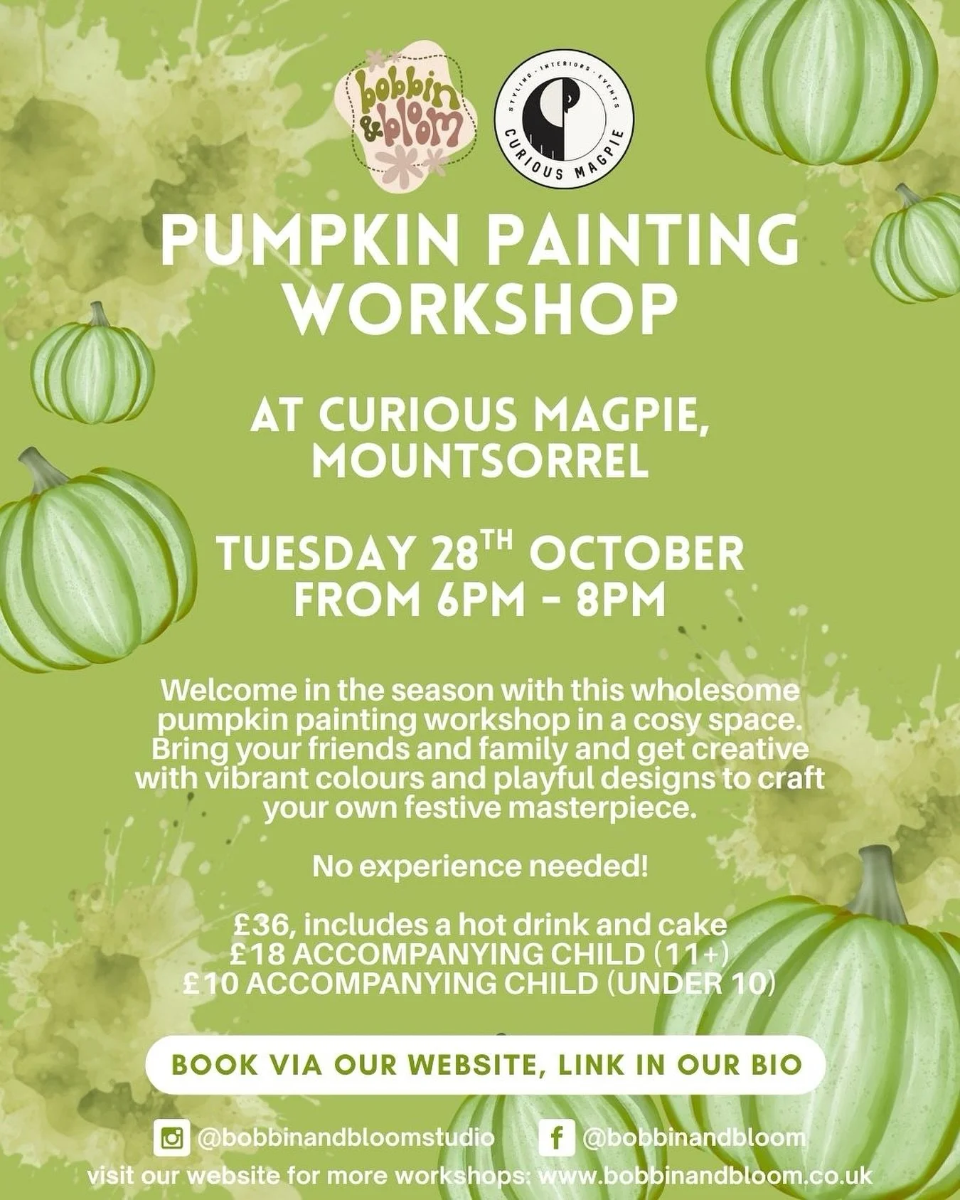 🎃 Pumpkin Painting Workshop at Curious Magpie! 🎃

We&rsquo;re so excited to be hosting a Pumpkin Painting Workshop at Curious Magpie in Mountsorrel on Tuesday 28th October from 6&ndash;8pm. It&rsquo;s the perfect way to get into the Halloween spiri