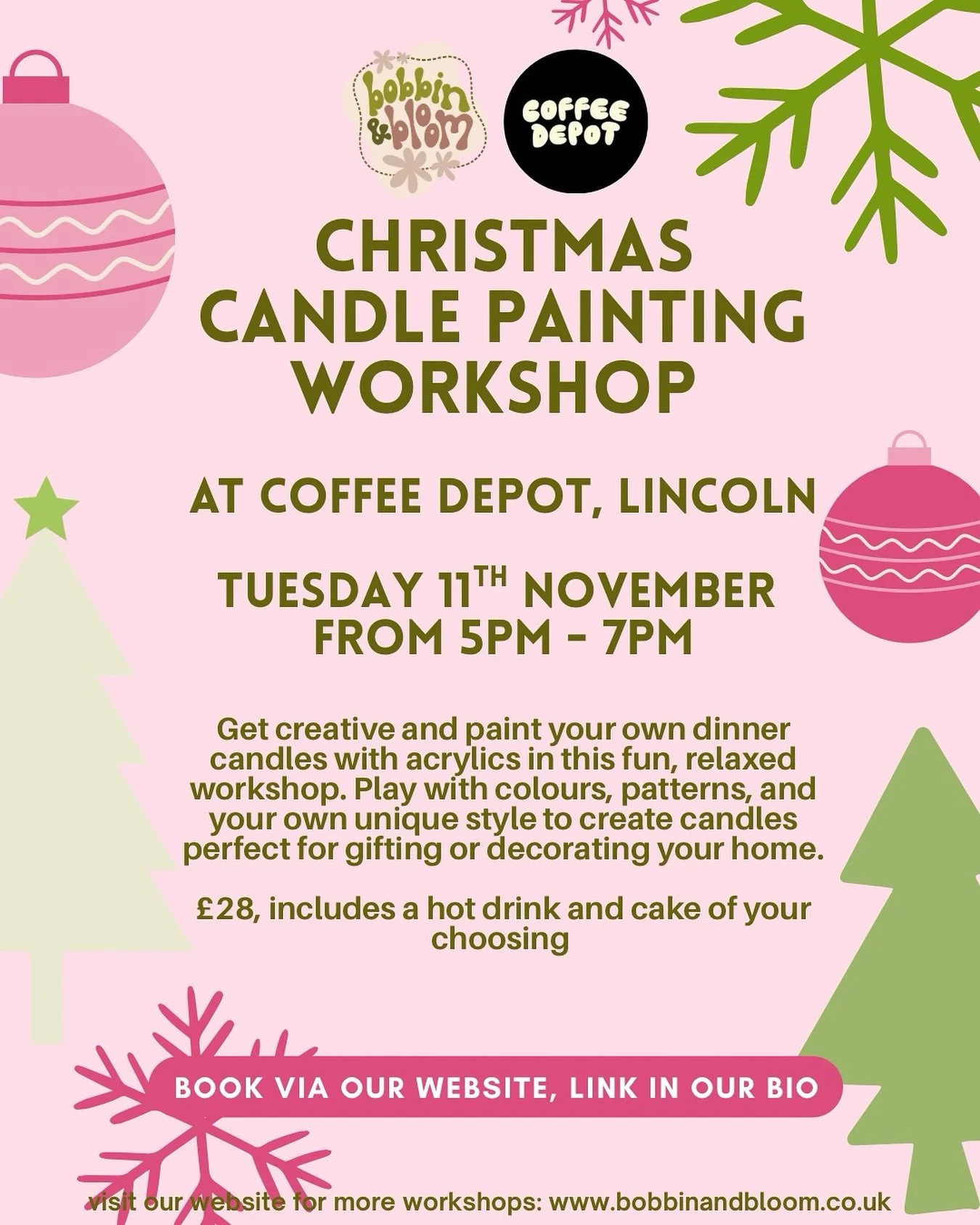 Get festive early with us at Coffee Depot, Lincoln on Tuesday 11th November, 5&ndash;7pm.

Join us for an evening full of Christmas vibes, winter warmers, and creativity as we paint beautiful festive candles &mdash; perfect to gift to someone special