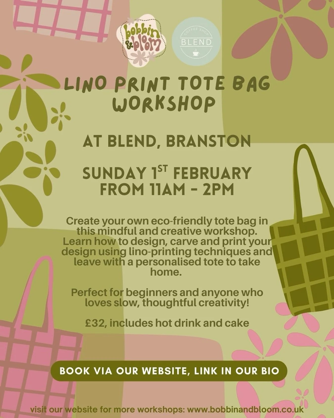 LINO PRINT TOTE BAG WORKSHOP

Only 6 spots available for this relaxed and creative lino-printing workshop at Blend, Branston on Sunday 1st February (11am&ndash;2pm).

Design, carve and print your own artwork onto an eco-friendly tote bag and leave wi