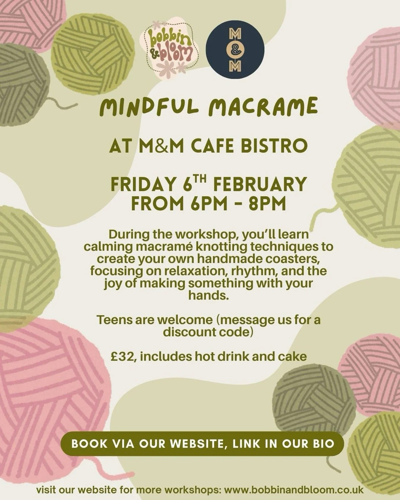 MINDFUL MACRAME AT M&amp;M CAFE BISTRO

Join us for a relaxing and creative macram&eacute; workshop at M&amp;M Cafe Bistro on Friday 6th February (6pm&ndash;8pm).

During the workshop, you&rsquo;ll learn calming macram&eacute; knotting techniques to 