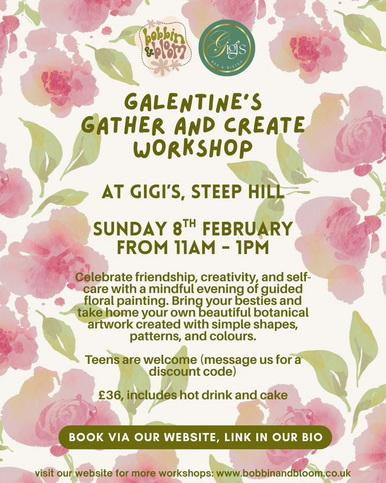 GALENTINE&rsquo;S GATHER AND CREATE WORKSHOP

Celebrate friendship, creativity, and self-care at Gigi&rsquo;s, Steep Hill on Sunday 8th February (11am&ndash;1pm).

Enjoy a mindful session of guided floral painting with your besties and take home your