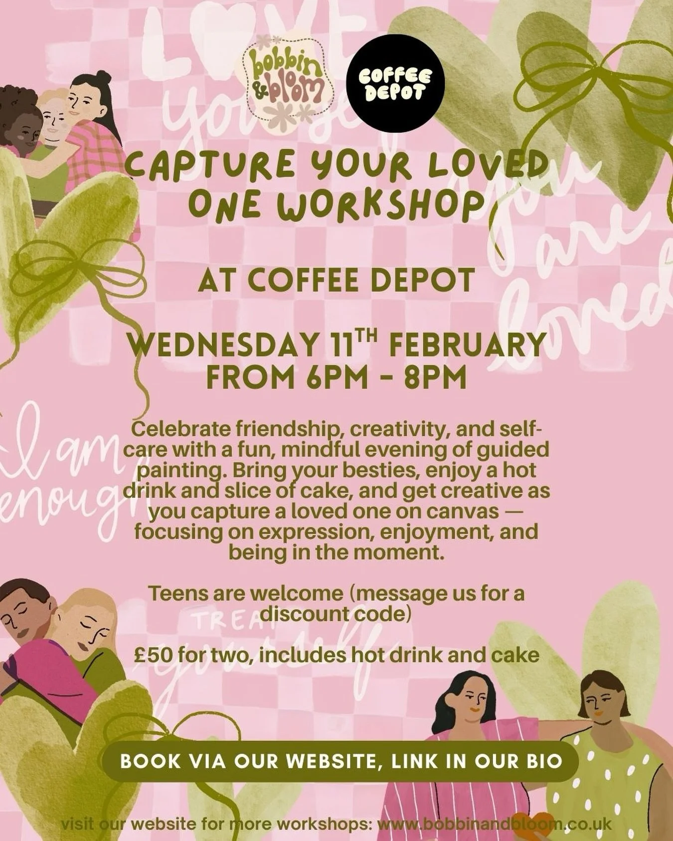CAPTURE YOUR LOVED ONE WORKSHOP

Celebrate creativity, connection, and mindfulness at Coffee Depot on Wednesday 11th February (6pm&ndash;8pm).

Bring a friend and enjoy a fun, guided painting session where you&rsquo;ll paint each other, focusing on e