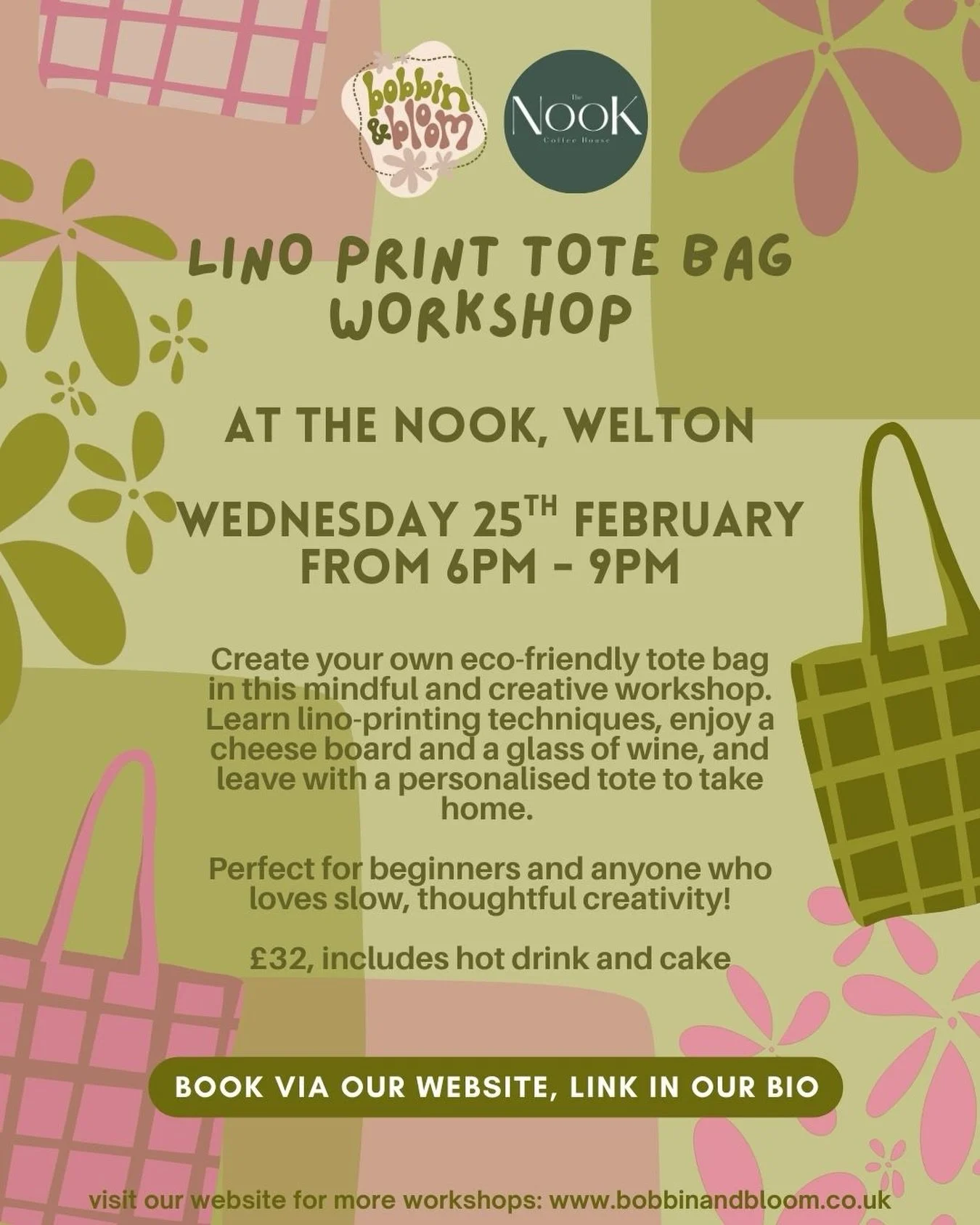 LINO PRINT TOTE BAG WORKSHOP

Create your own eco-friendly tote bag at The Nook, Welton on Wednesday 25th February (6pm&ndash;9pm).

Learn lino-printing techniques in a mindful and creative workshop, enjoy a cheese board and a glass of wine, and leav