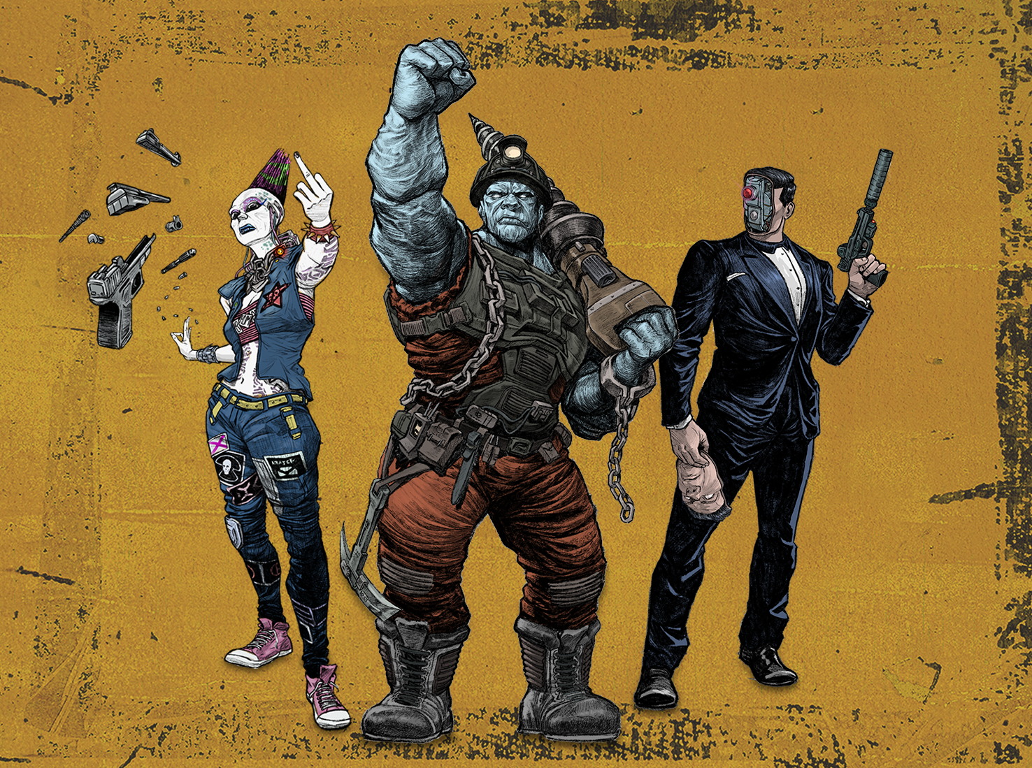 Illustration of three characters from a video game or comic. The character on the left is a punk woman with white hair, tattoos, and colorful clothing, throwing guns in the air. The middle character is a large, muscular man with blue skin, wearing co