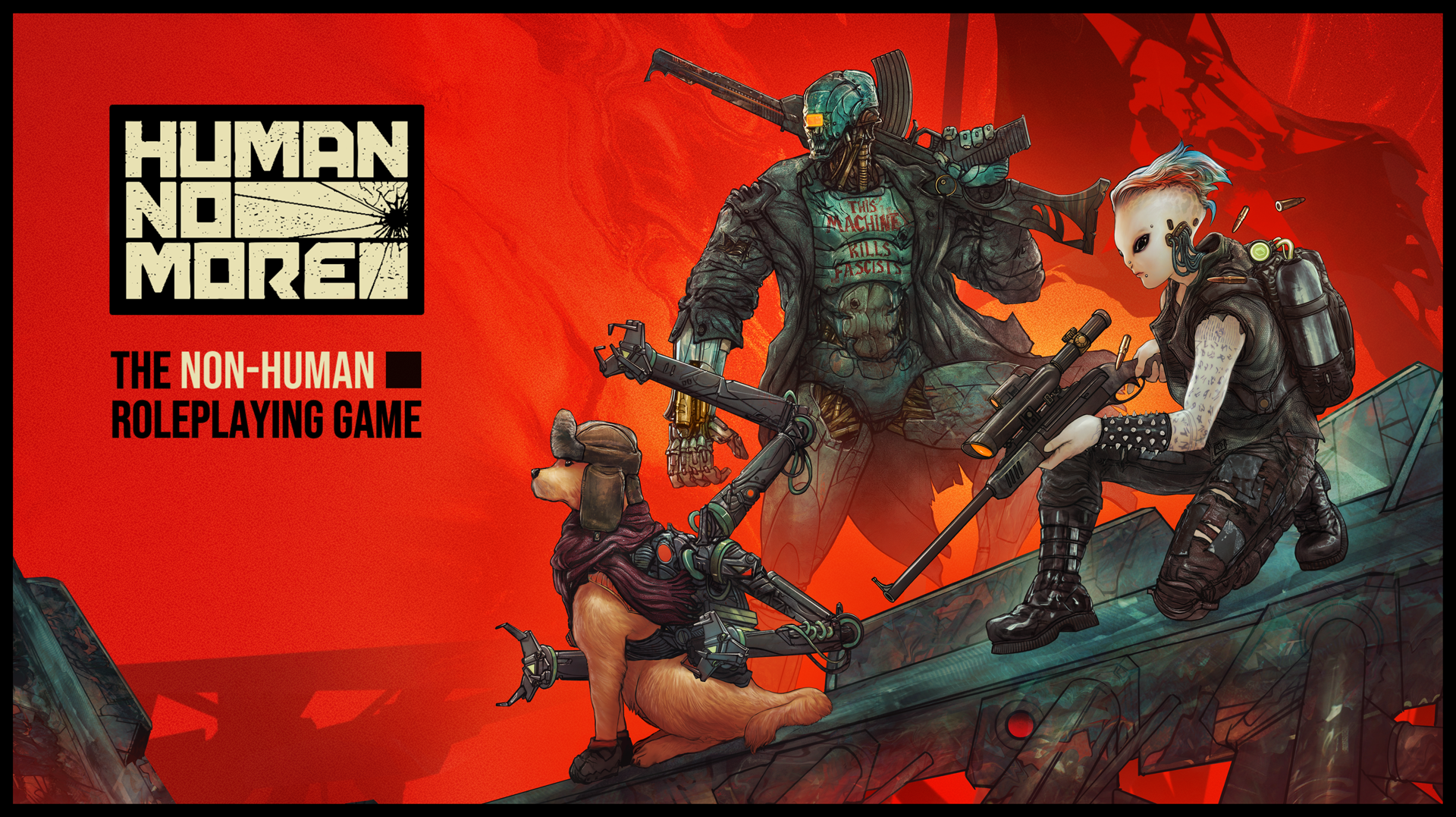 Promotional artwork for the game "Human No More," depicting a dystopian scene with three characters and a dog on a metallic platform against a red background. One character is a cyberpunk with a mohawk, holding a sniper rifle, and a backpack. Another