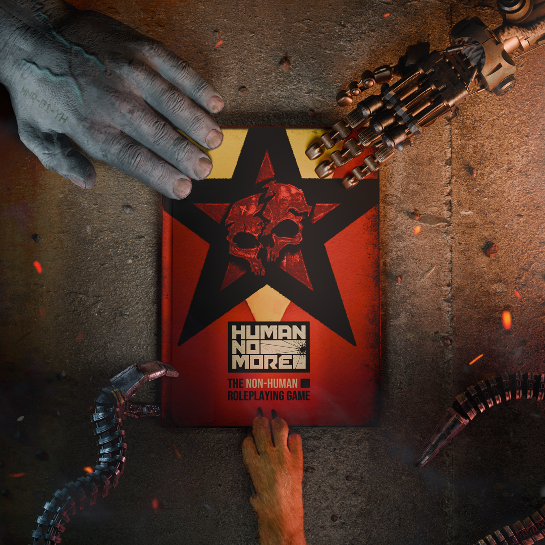 A book titled "Human No More: The Non-Human Roleplaying Game" surrounded by robotic and cybernetic parts on a gritty surface.