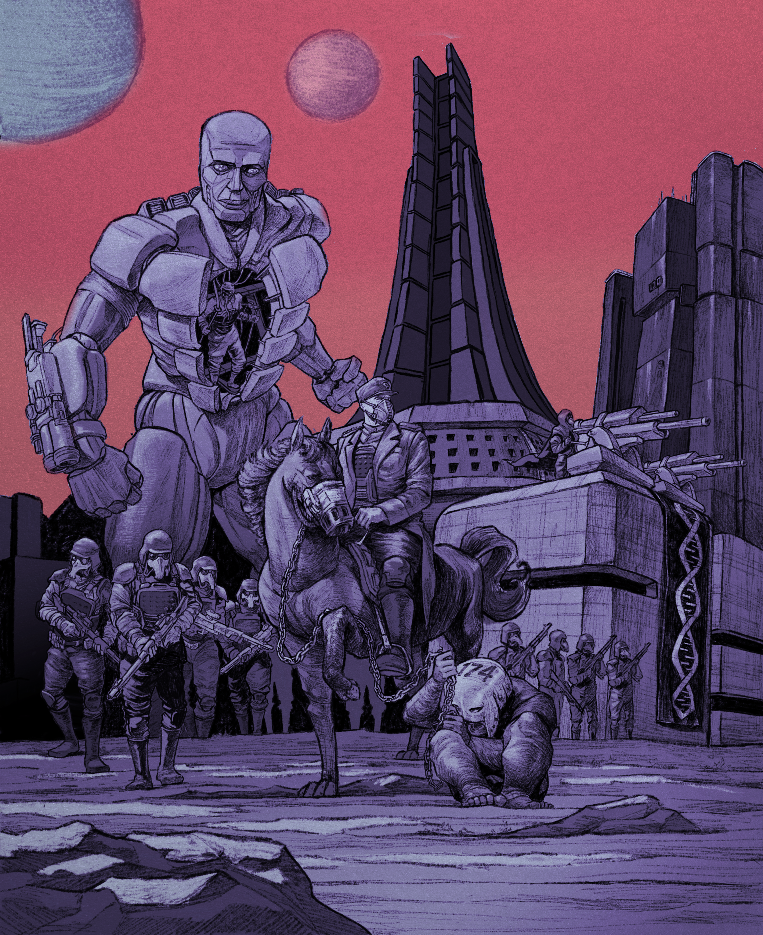 A sci-fi scene featuring a large, armored robot holding a gun with a human inside its chest cavity, surrounded by soldiers and a mounted figure on a horse, with futuristic buildings and planets in the background.