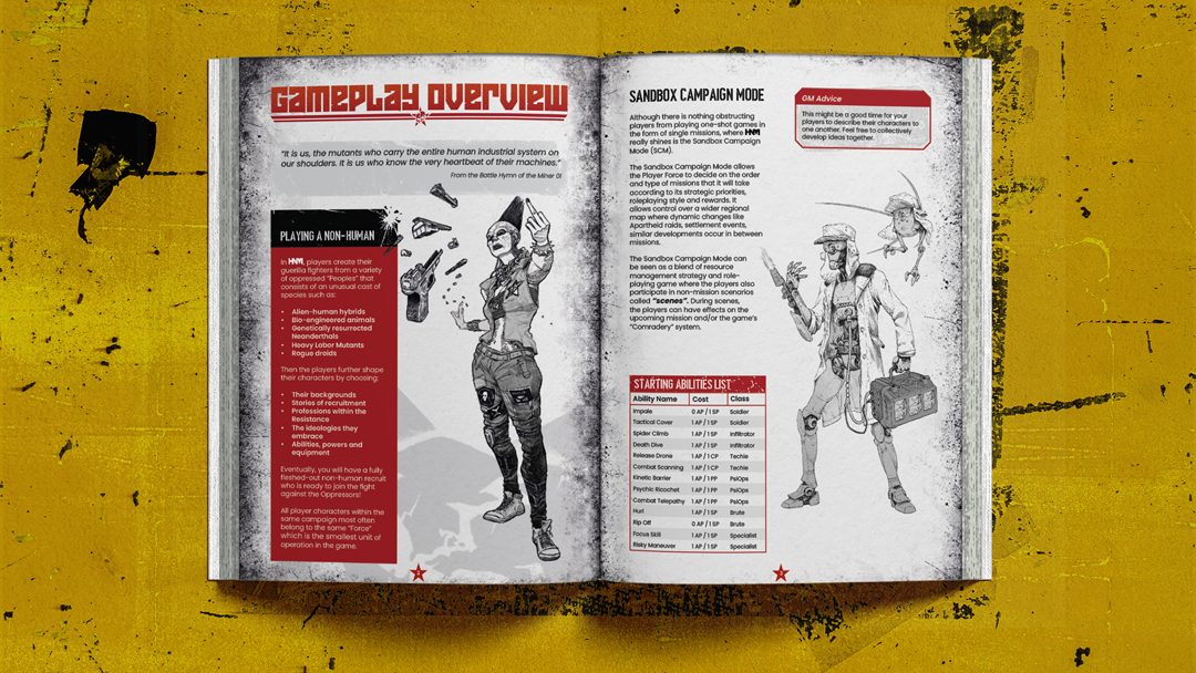 Open book with gaming overview pages, featuring text and illustrations of futuristic characters, on yellow textured background.
