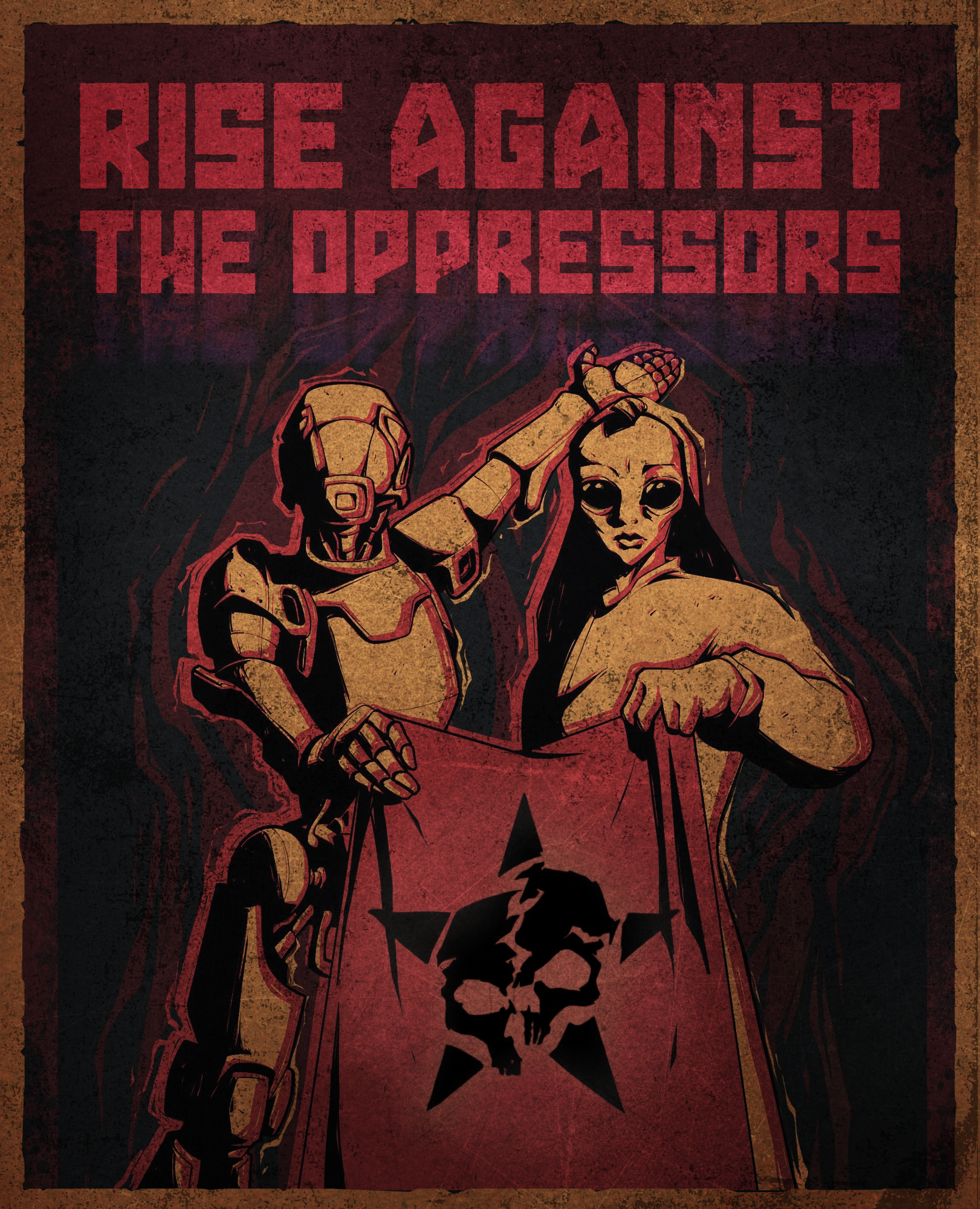 A poster with the text 'Rise Against the Oppressors' at the top. It features a humanoid robot and a woman with long dark hair holding a large sign with a skull inside a star, symbolizing rebellion.