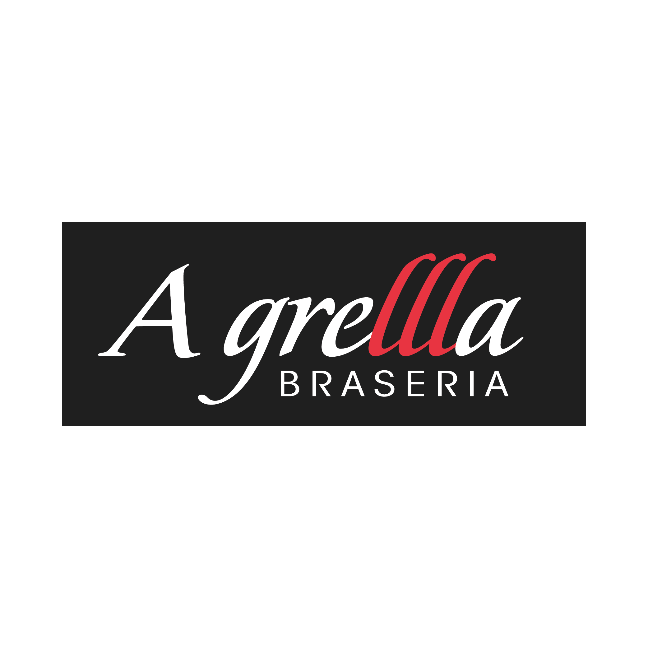 Logotipo de Agrilla Brasería con fondo negro y letras blancas y rojas.