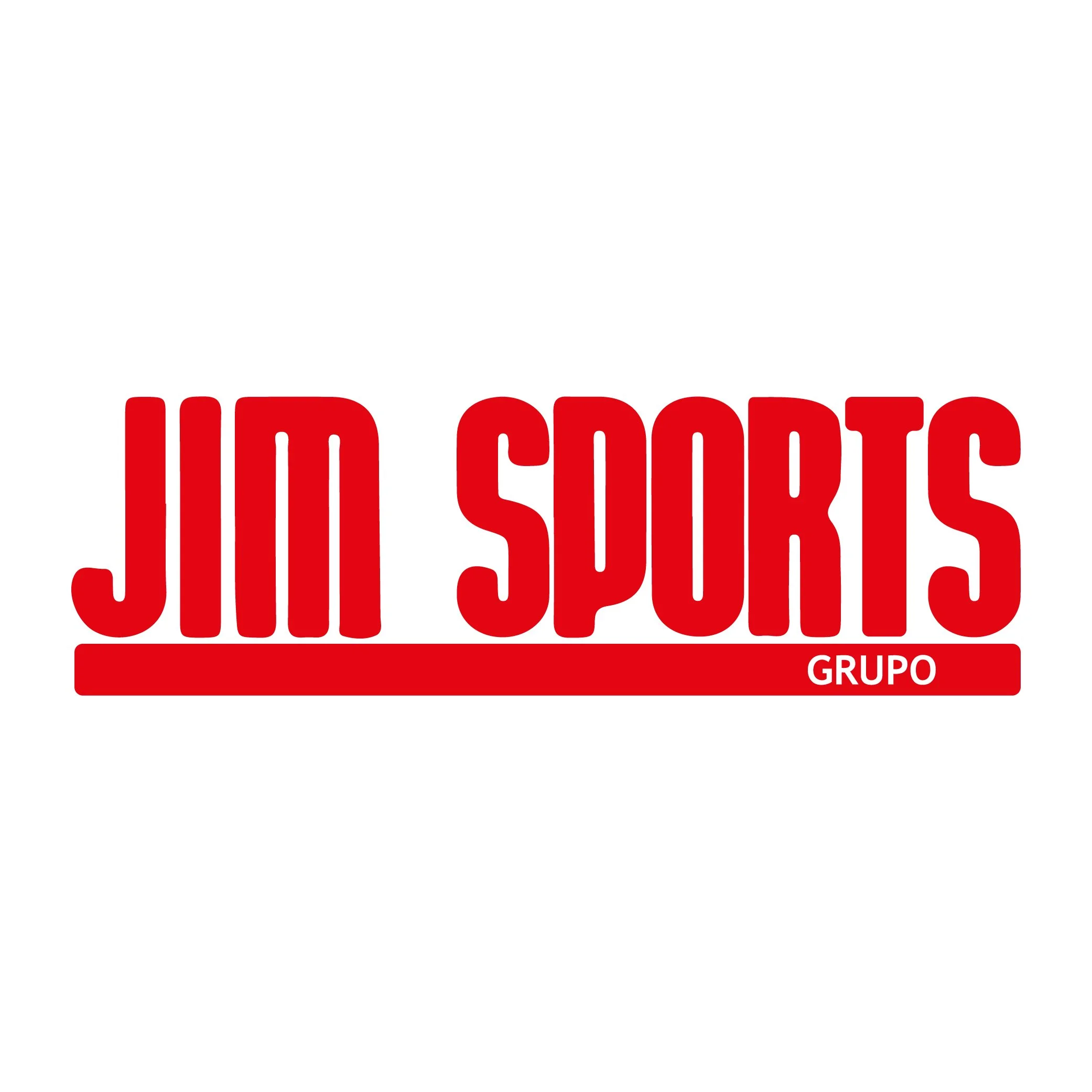 Logo en color rojo con letras grandes que dice JIM SPORTS, con la palabra GRUPO en una barra debajo.
