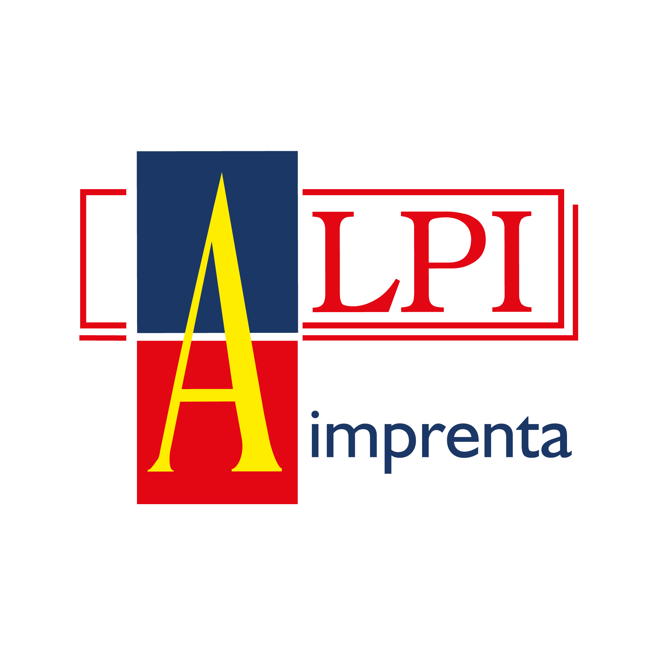Logotipo de una imprenta con letras grandes y rectángulos en colores rojo, azul y amarillo, que dice 'LPI', 'A' y 'imprenta'. Es un logo con un diseño gráfico colorido y moderno.