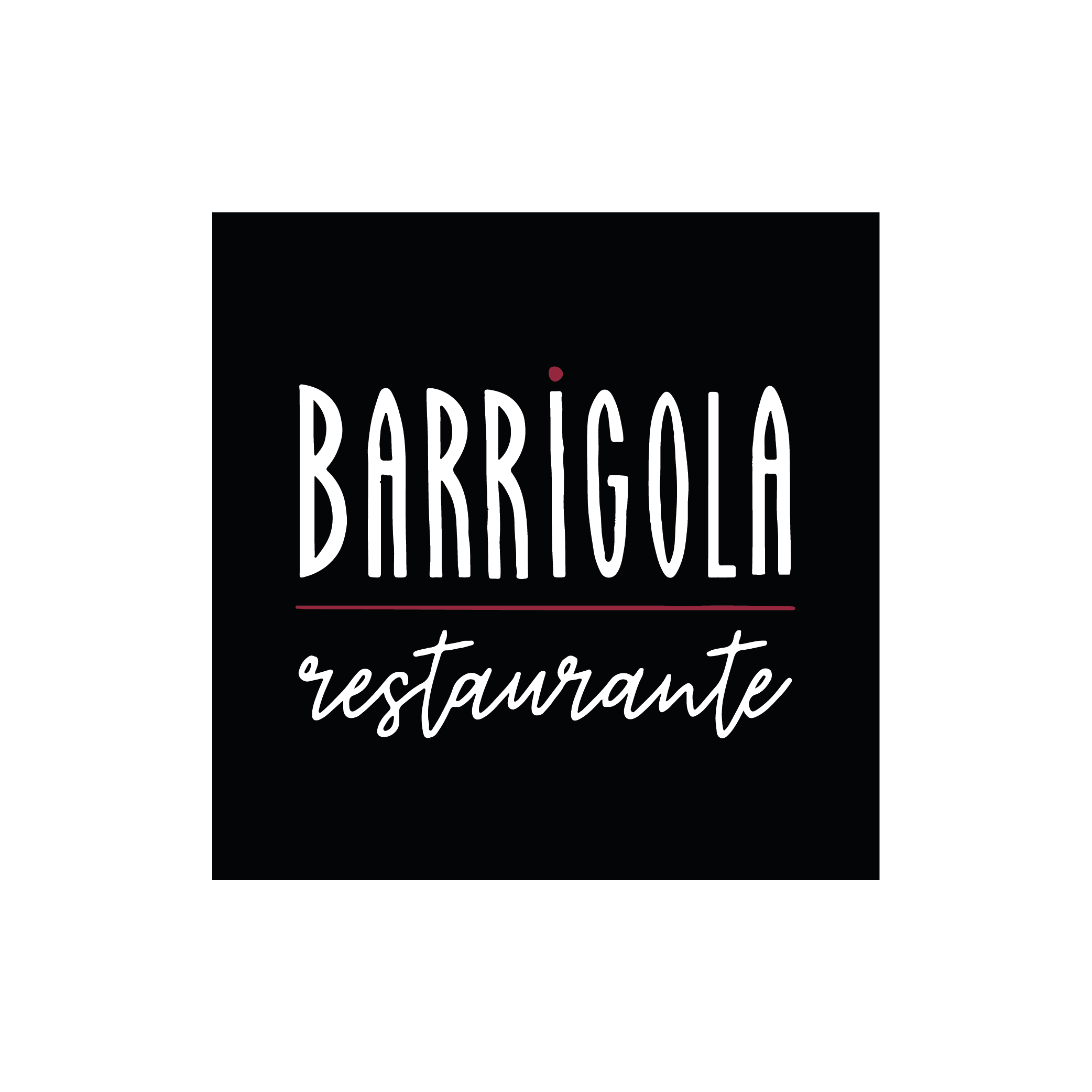 Logo del restaurante Barrigola con fondo negro y texto en blanco y rosa