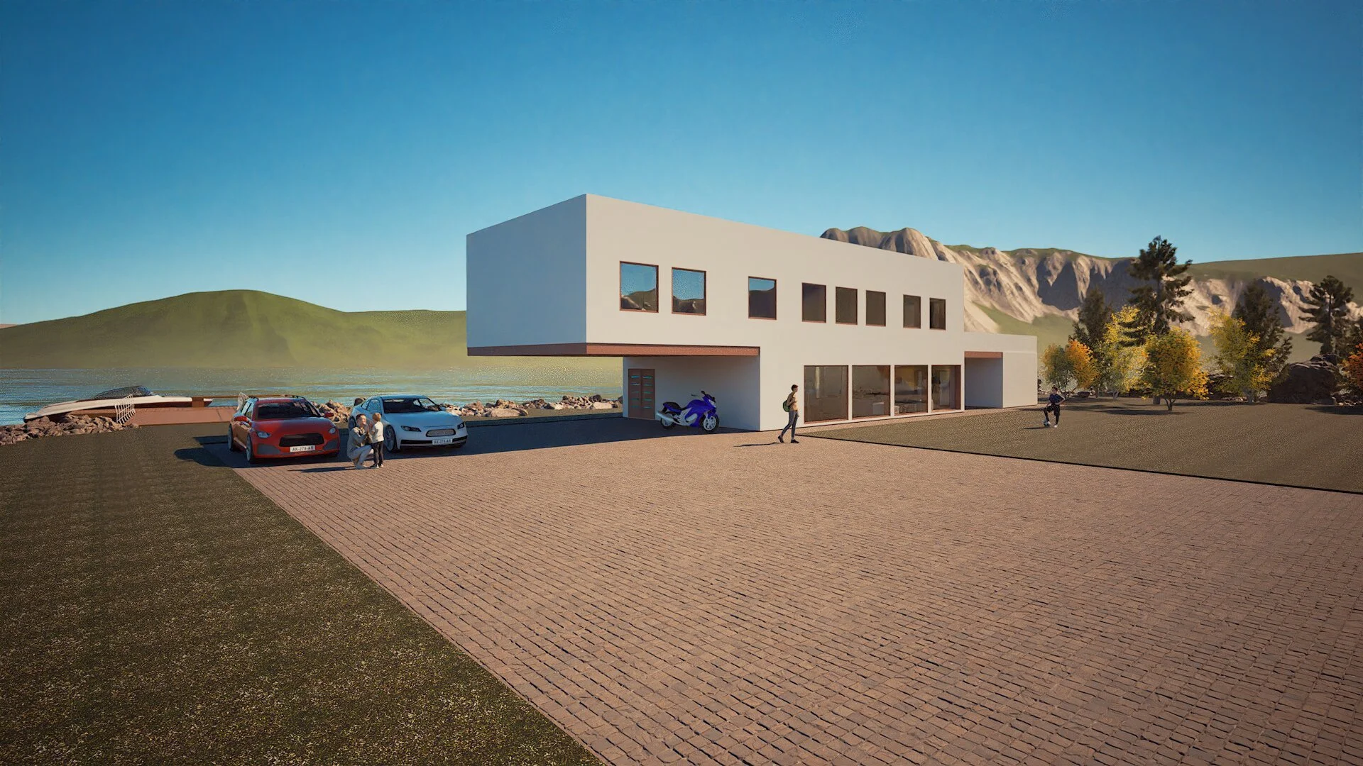 Modell av en moderne hvit bygning med store vinduer, omgitt av en parkeringsplass med biler og en motorsykkel, nær en innsjø med fjell i bakgrunnen, trær med høstfarger, og mennesker som går og står utenfor.