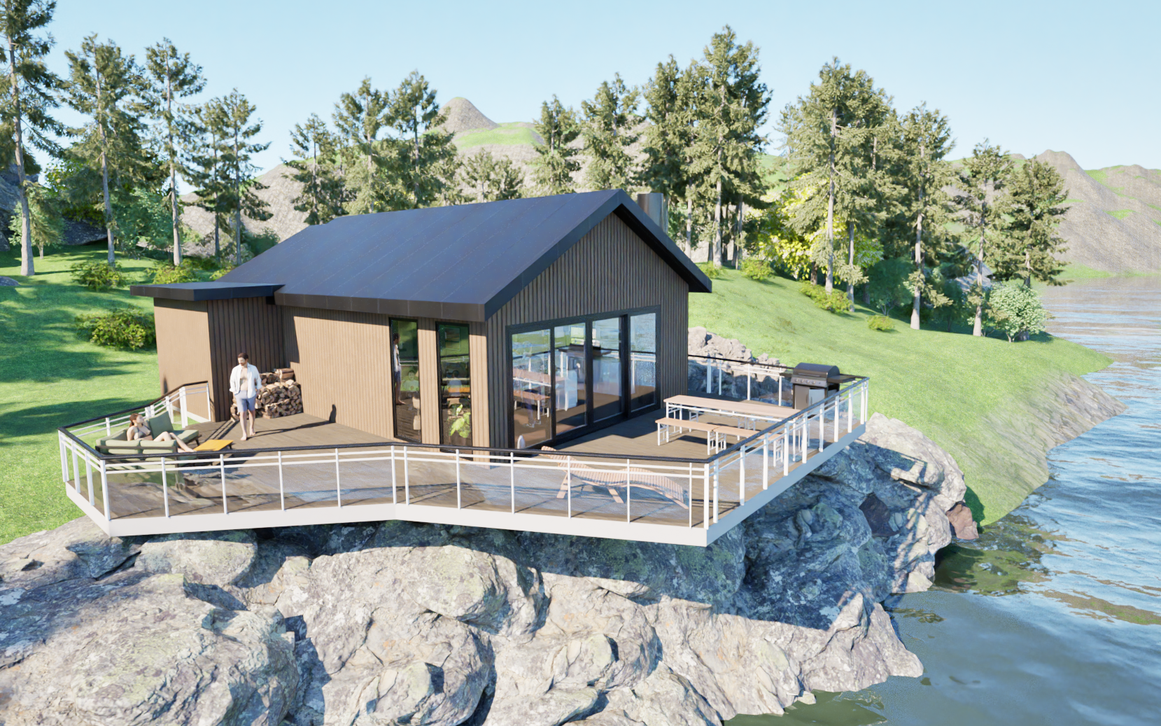 Moderne hytte med terrasse på klippe ved vann, omgitt av trær og fjell i bakgrunnen.
