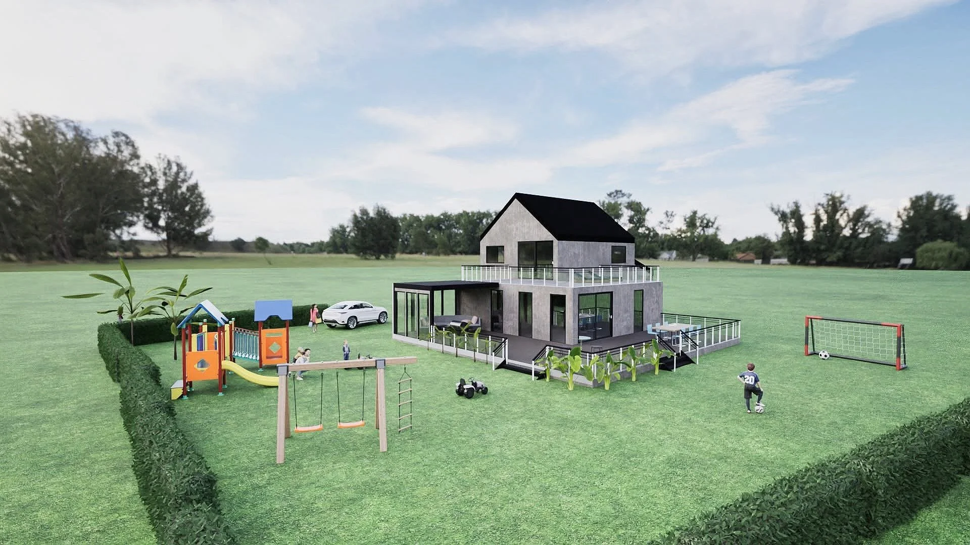 Modell av en moderne toetasjes hus med store vinduer og terrasser, omgitt av en hage med lekeapparater og gressplen.