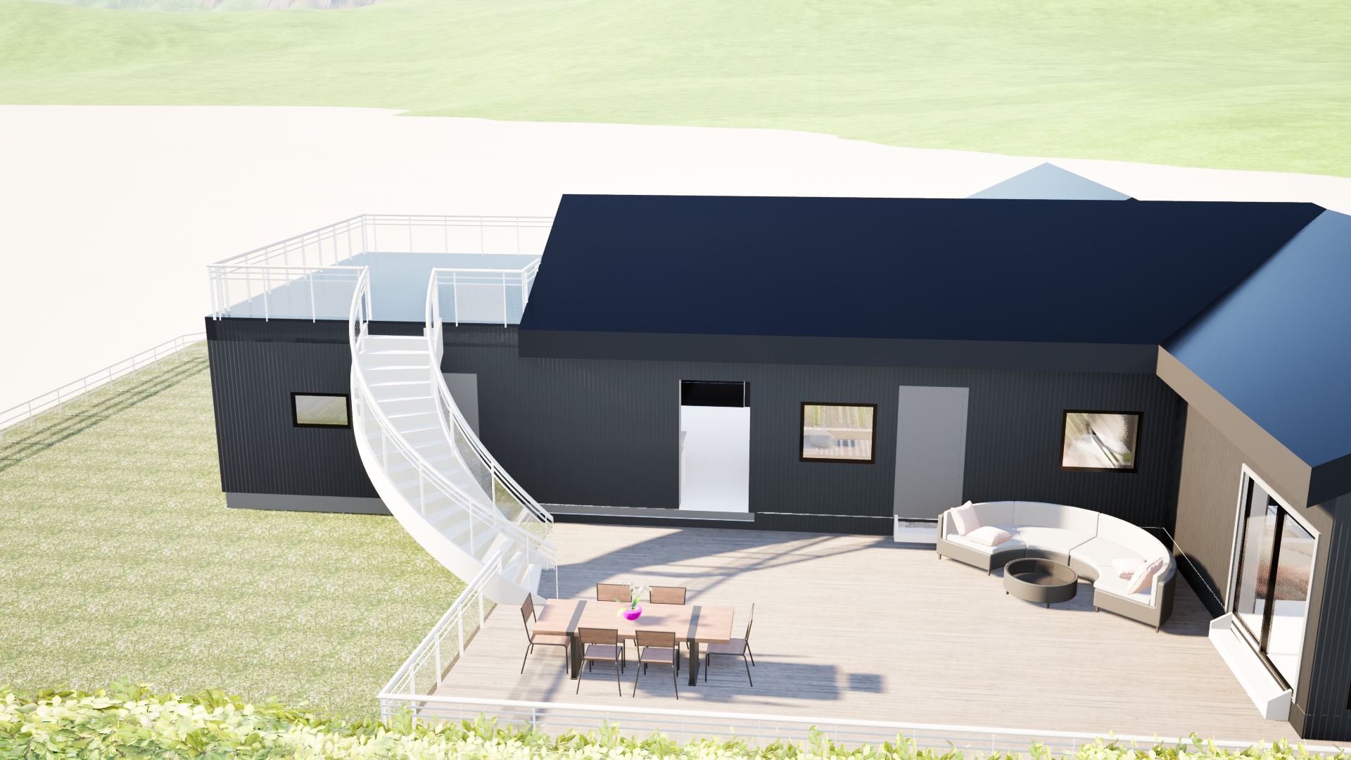 Oversiktsbilde av en moderne svart hus med takterrasse, en sirkulær sofa, og et spisebord med stoler på terrassen.