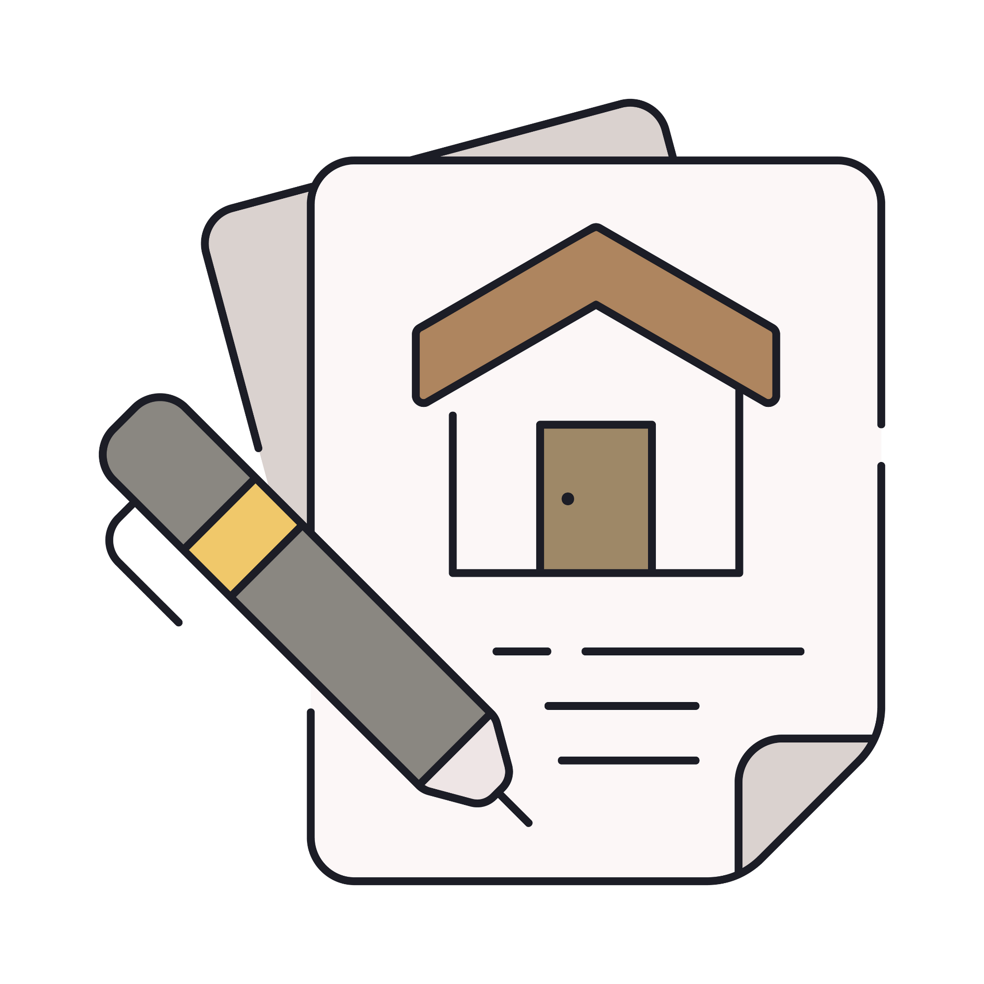 En skisse av et hus og en penn på et papirark.