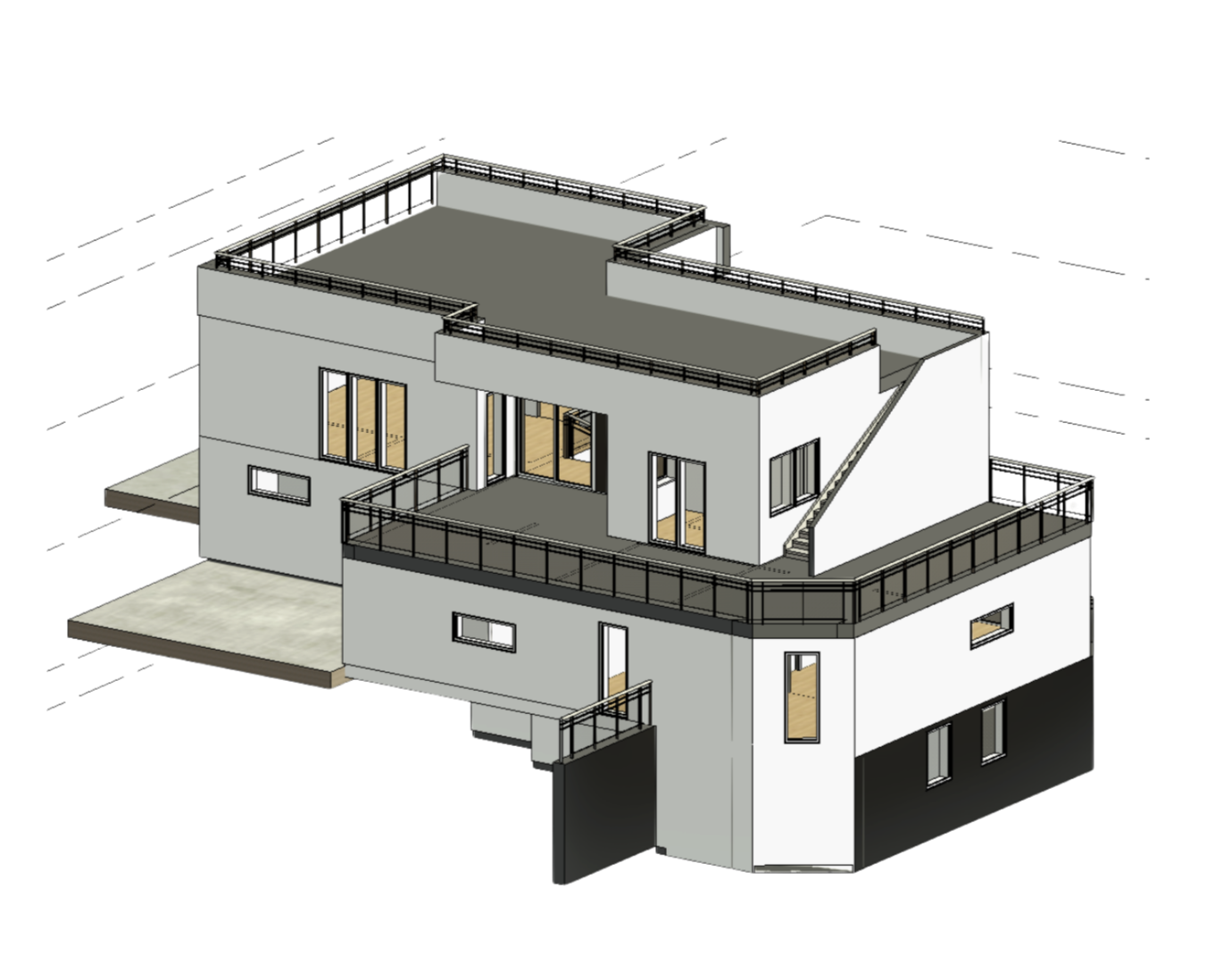 3D-modell av en modern flerroms bolig med flere balkonger og takterrasse.