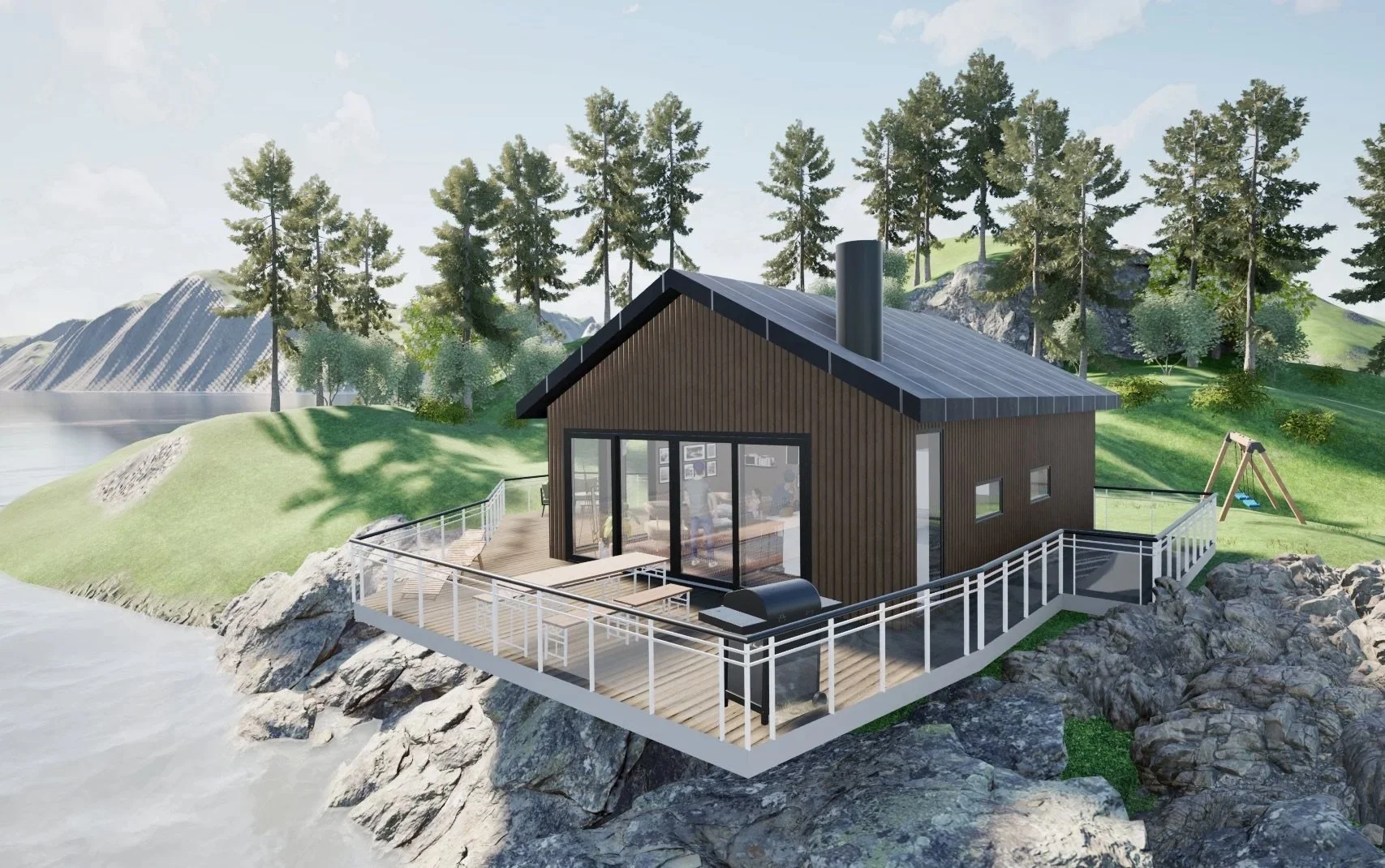 En moderne hytte med sorte vegger og stort terrasseområde, plassert på kanten av en klippe ved vann, omgitt av trær og natur