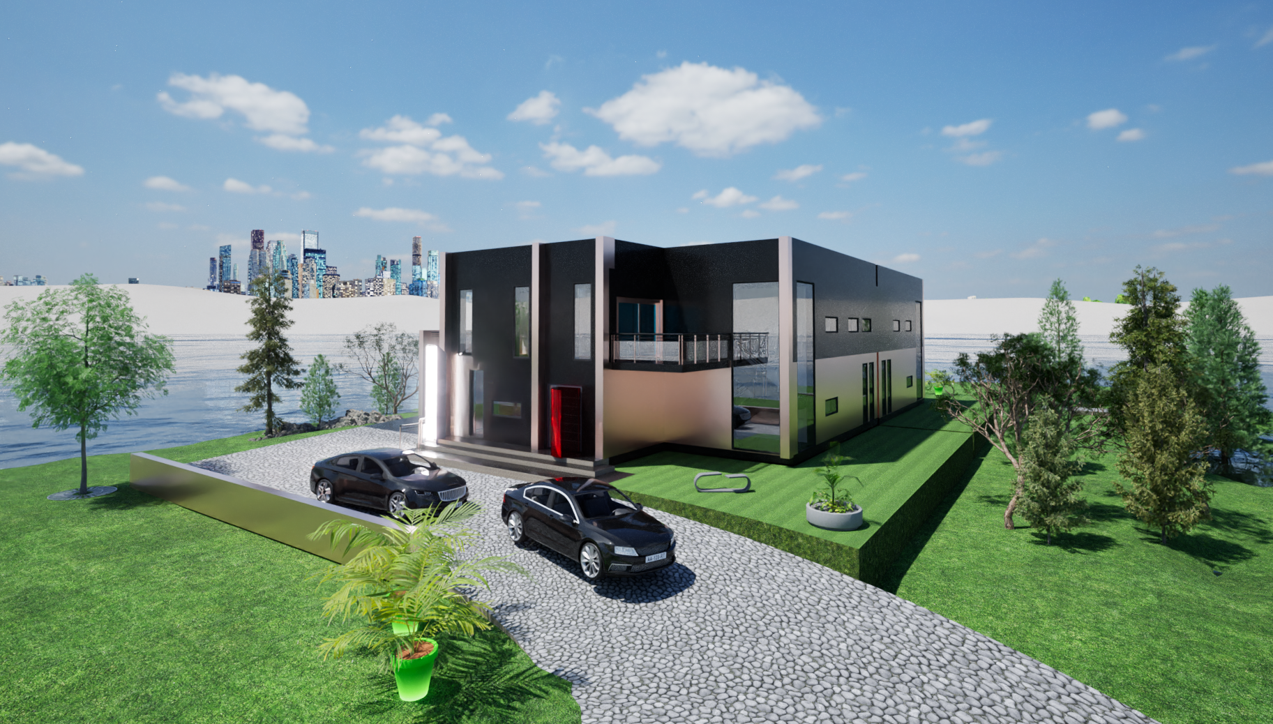 Moderne todelt hus med svart og hvitt fasade, omgitt av grøntarealer, tre, og parkering med to biler, med byskyskrapere i bakgrunnen.