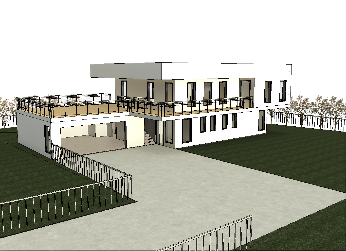 Modell av en moderne to-etasjes bolig med store vinduer og balkonger.