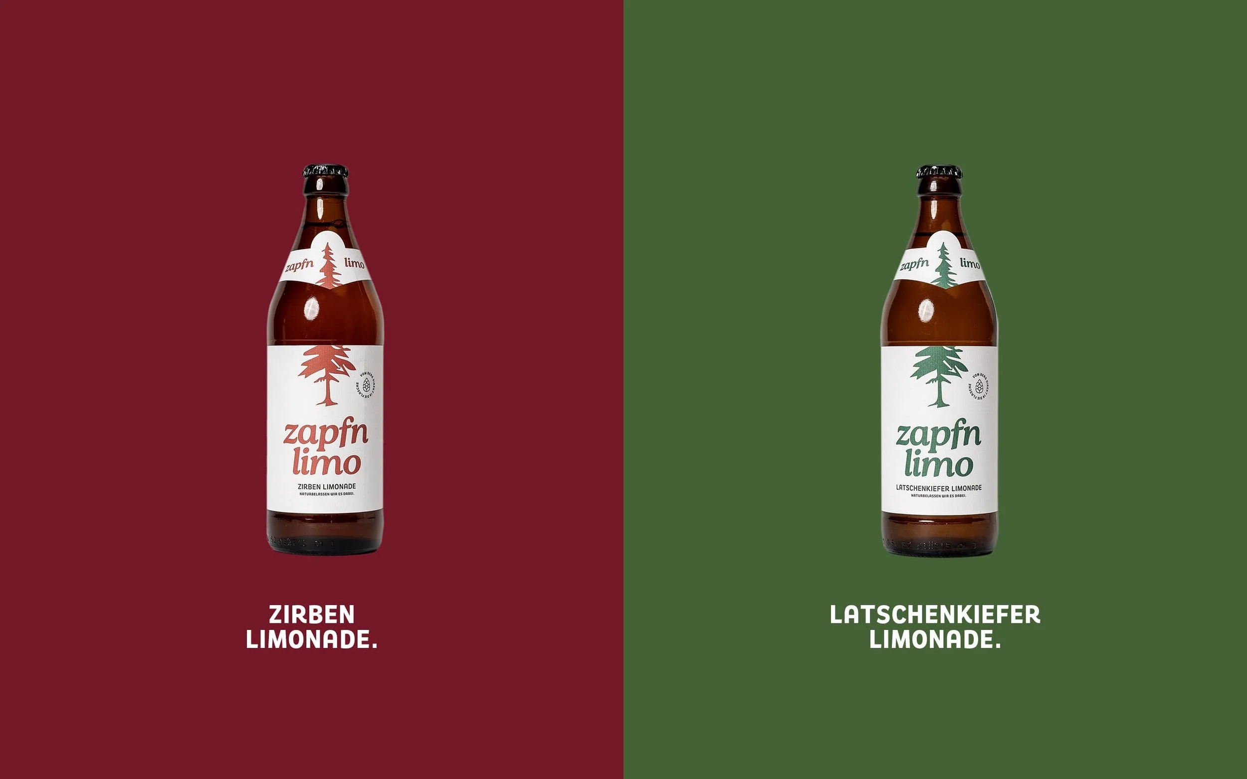 Zwei Flaschen "zapfn limo" Limonade aufgeteilt auf einem zweifarbigen Hintergrund. Links eine Zirben Limonade vor einem roten Hintergrund, rechts eine Latschenkiefer Limonade vor einem grünen Hintergrund.