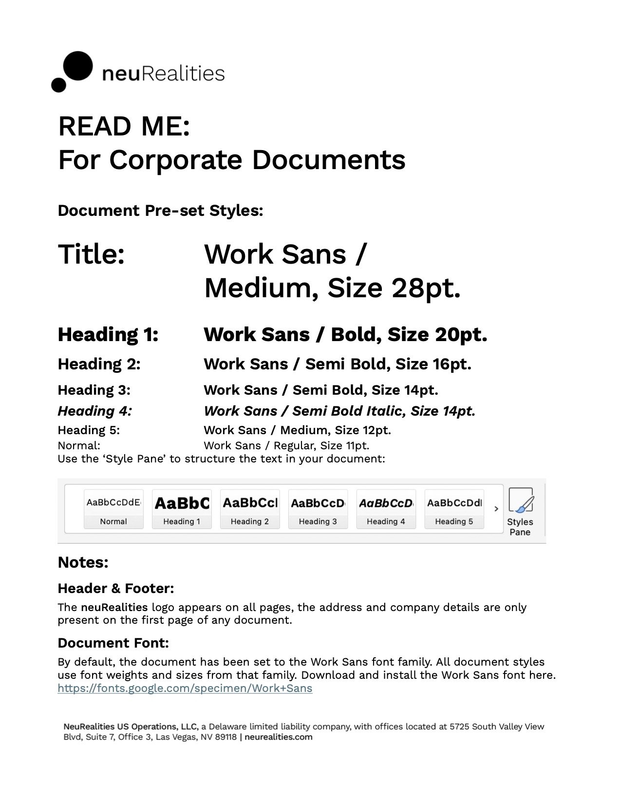 Sample corporate document template showing font styles and sizes for headings and notes, with the neuRealities logo at the top.