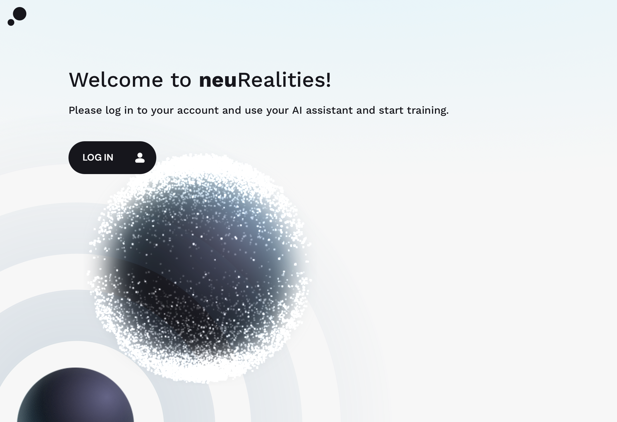 Webpage with the title 'Welcome to neuRealties!' and a black 'Log In' button. Background features a digital, space-themed graphic with a spherical, pixelated design.