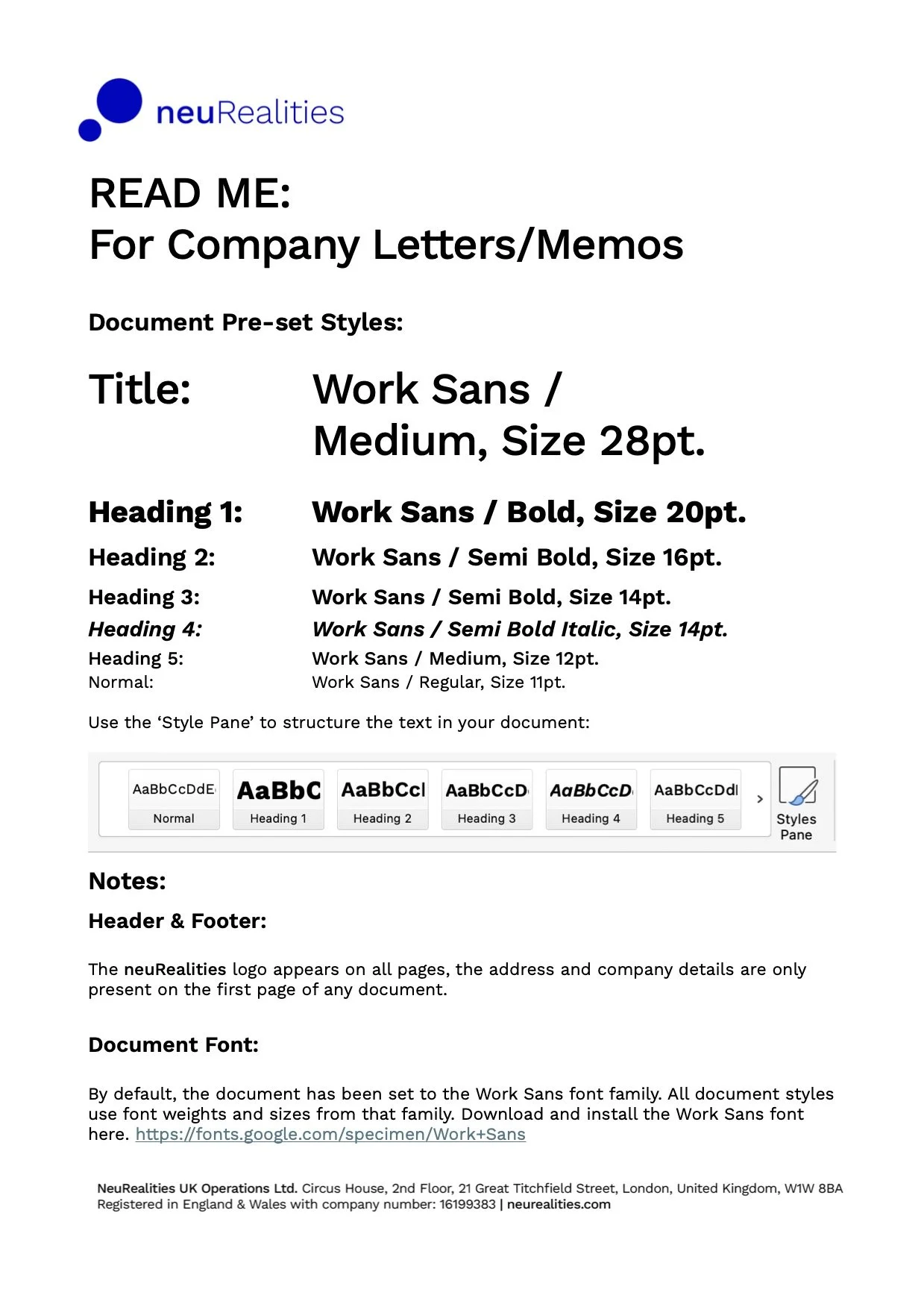 Sample company letterhead with style and font guidelines for creating corporate documents in Work Sans font family.