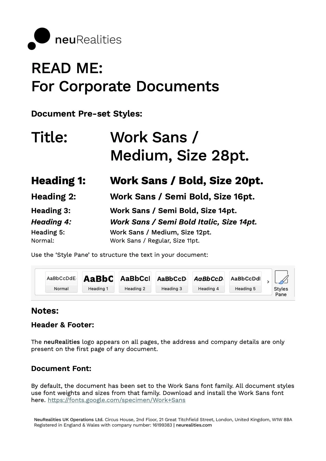 Sample layout of a corporate document style guide showing different font styles and sizes for various headings and normal text. Includes a style pane with font previews, and notes about headers, footers, and font download link.