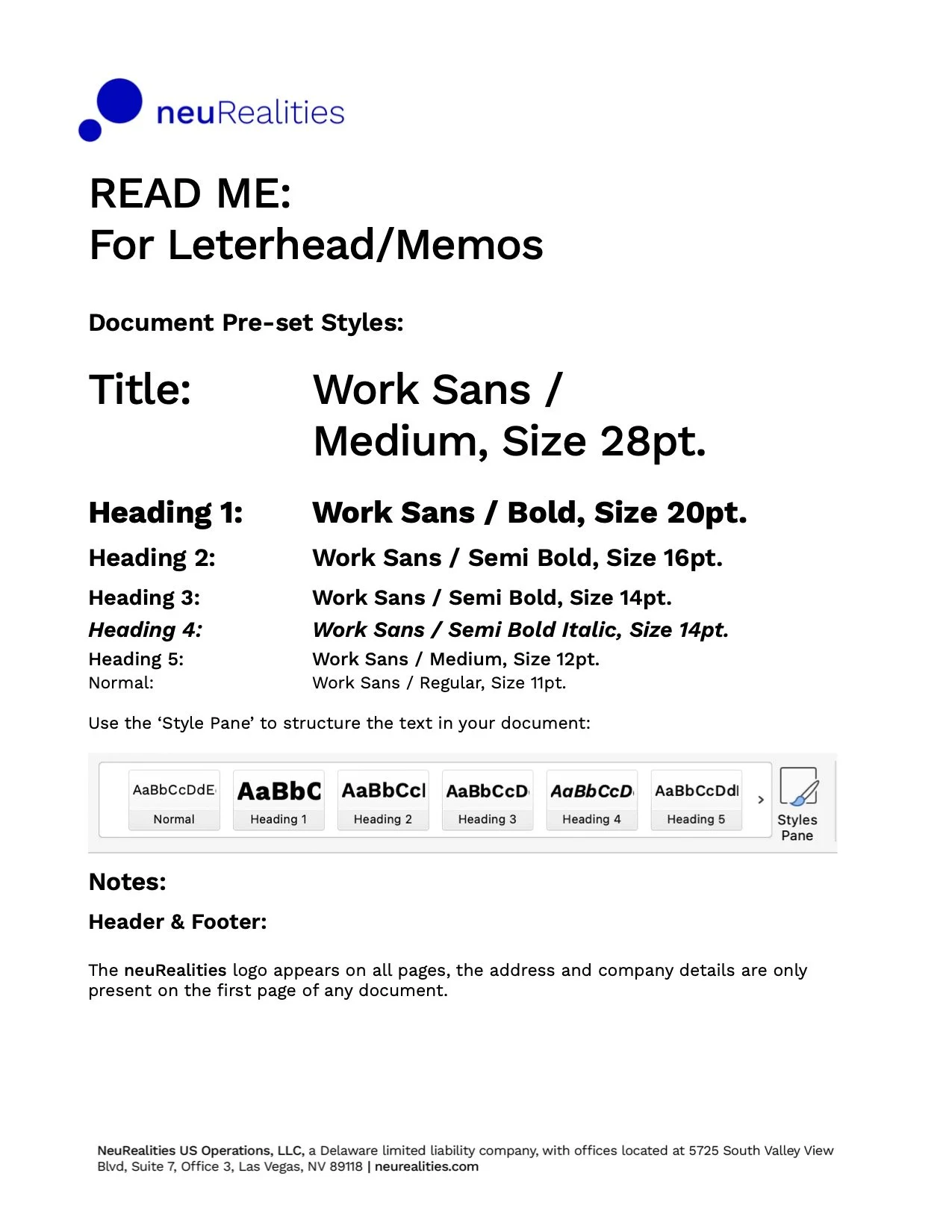 Sample document showing styles and formatting options for letterhead and memos, including various font sizes and headings in Work Sans font.