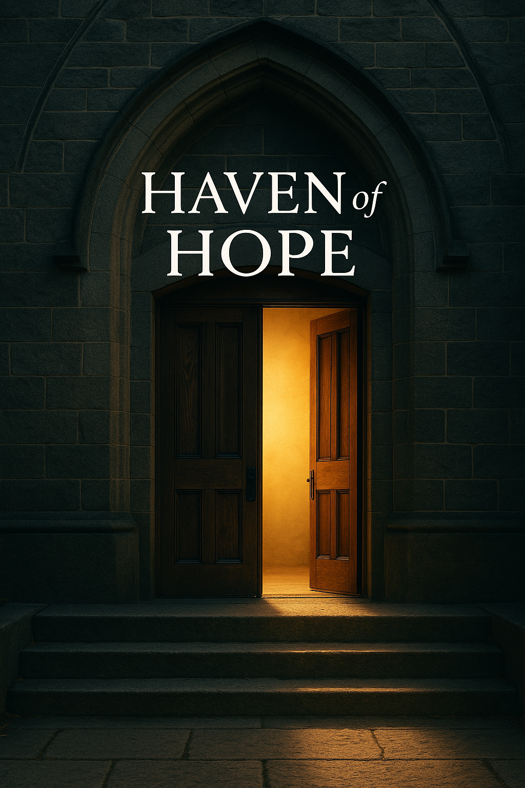 Open wooden church doors with warm light inside, text reads "HAVEN of HOPE" above the entrance, stone steps leading up to the doors.