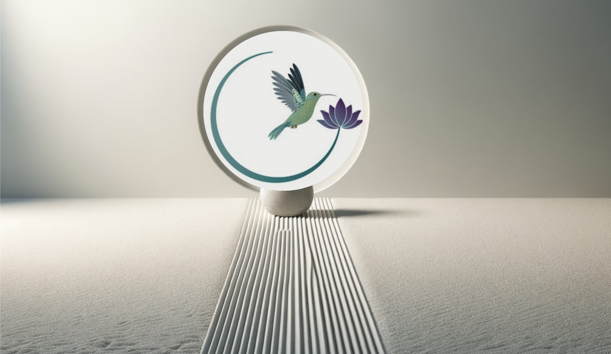 A circular decorative object with a hummingbird and purple lotus flower illustration, placed on a white textured surface with parallel grooves.