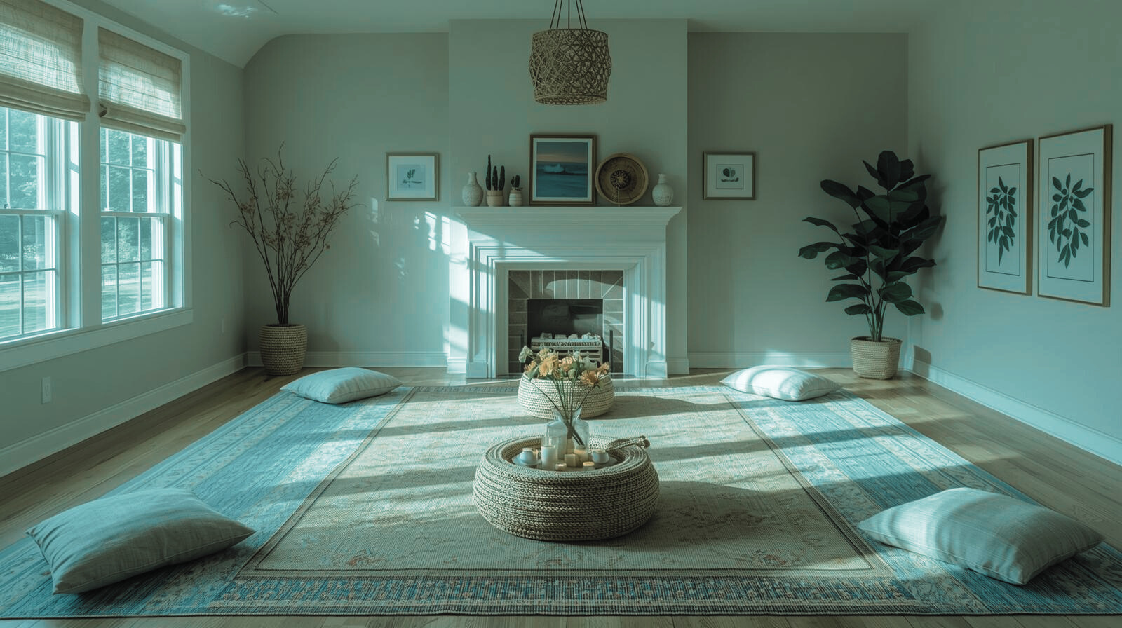 Sunlit living room with large windows, a fireplace, a round woven coffee table with flowers and candles, and floor cushions, decorated in a minimalist, neutral-color style.
