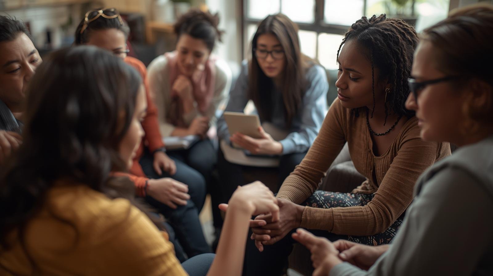 A diverse group of women sitting in a circle indoors, participating in a support or discussion group.