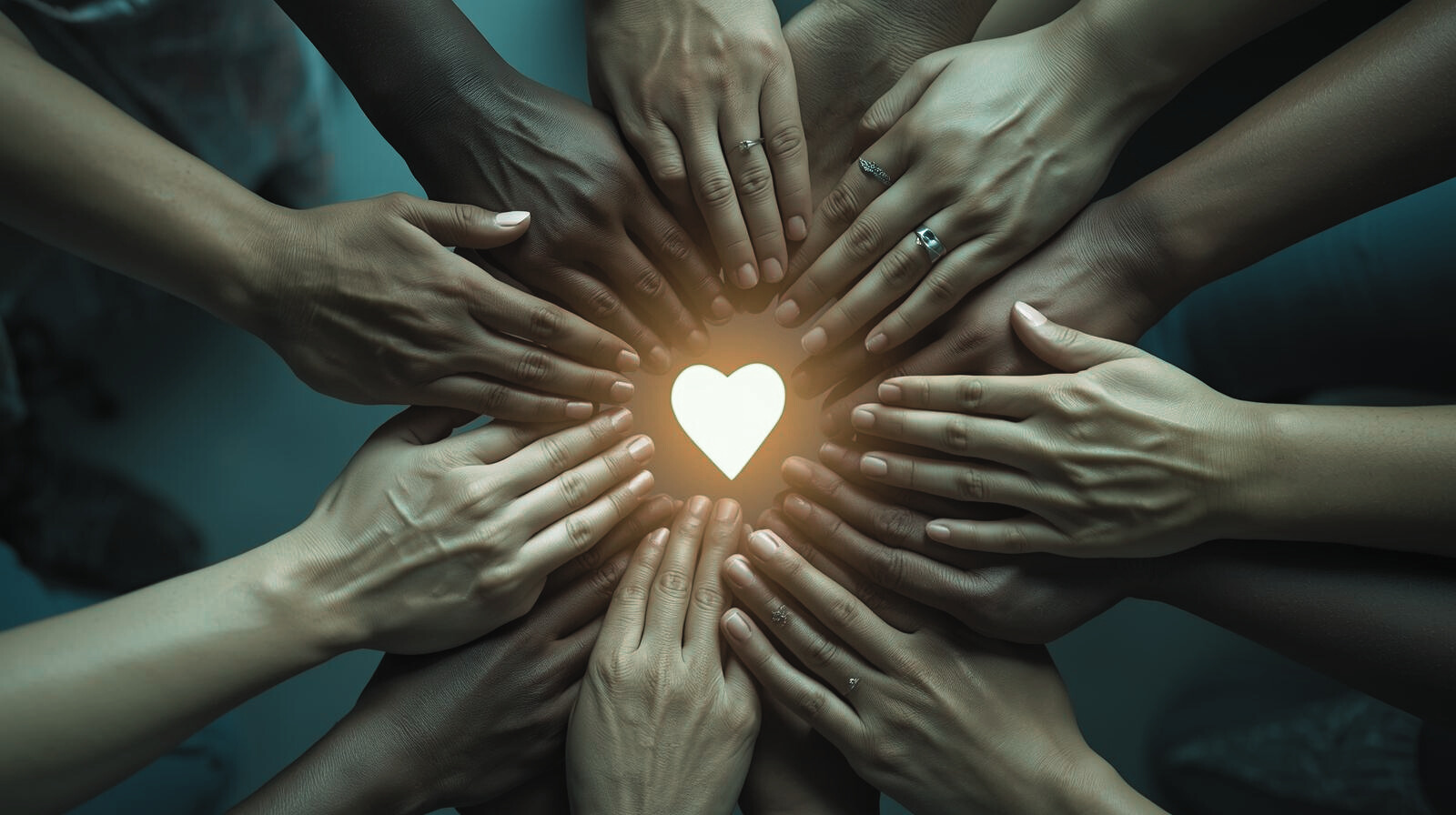Multiple hands of diverse individuals placed around a glowing heart at the center, symbolizing unity and love.