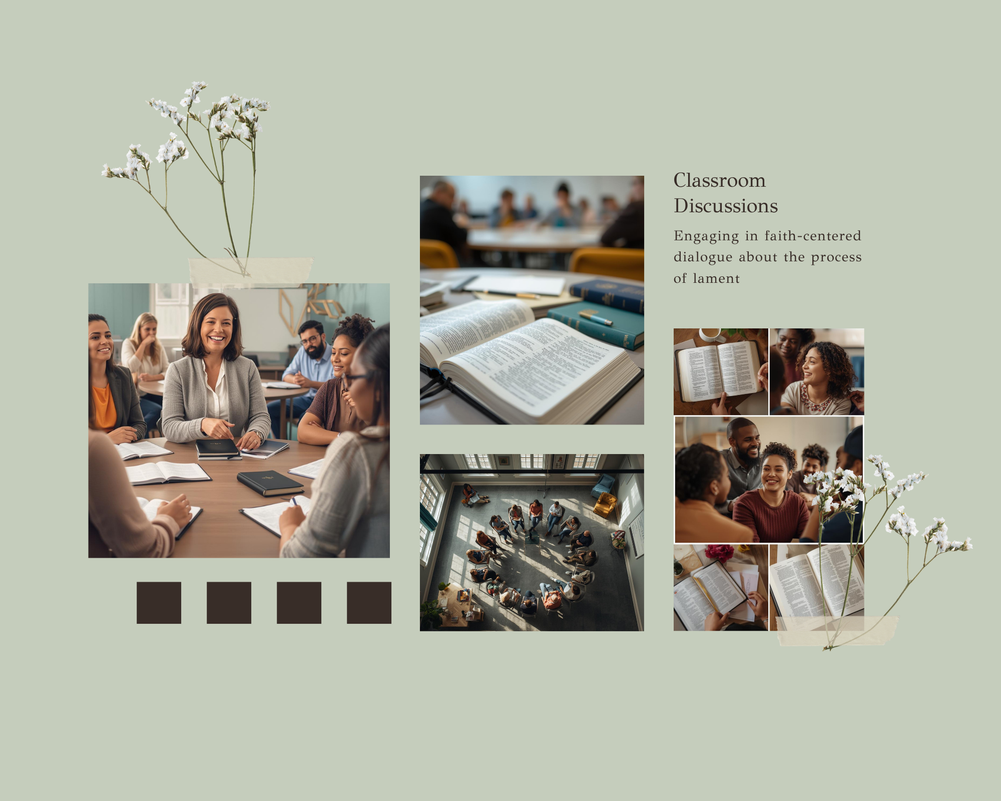 A collage of images related to classroom discussions, including people in a meeting, a person reading a Bible, a circle of people seated on the floor, and a group of diverse students in a classroom, with floral accents and text about faith-centered dialogue.