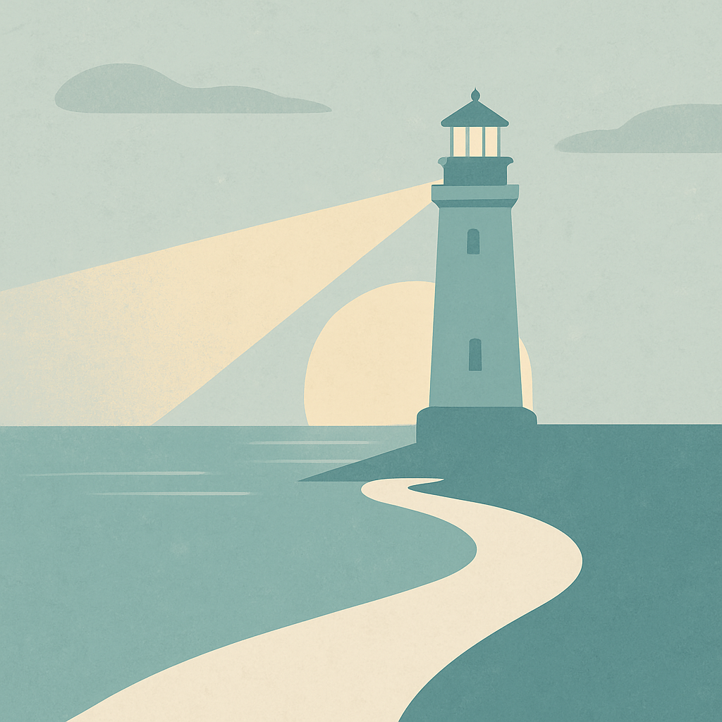 Minimalist illustration of a lighthouse on a shoreline with a winding path leading to it, a large setting sun in the background, and a few clouds in the sky.