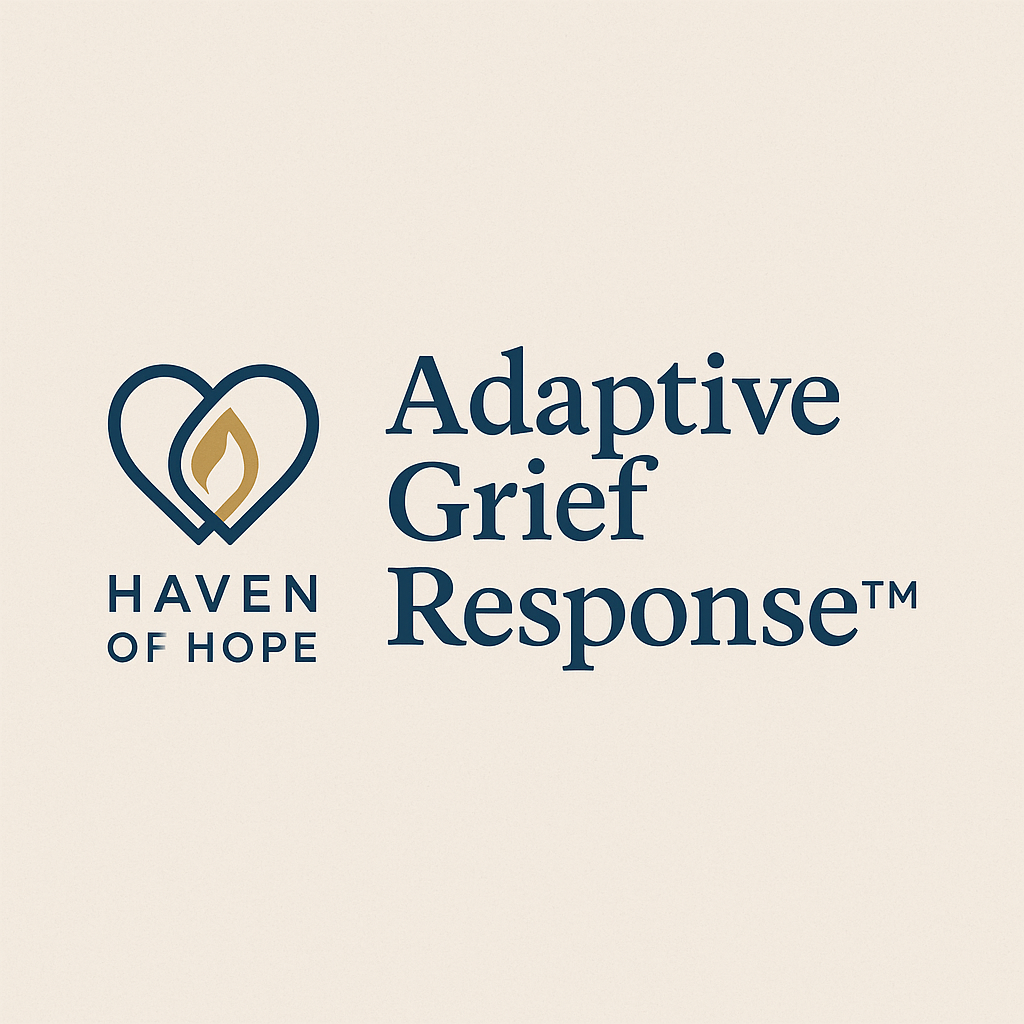 Logo for Haven of Hope with a heart and flame icon, and the text 'Adaptive Grief ResponseTM'