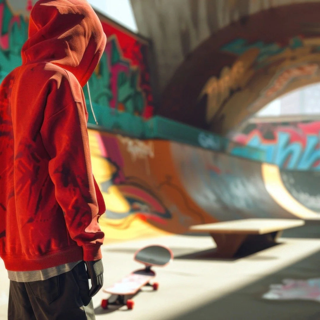 En dreng iført hoodie står på en skateboardbane