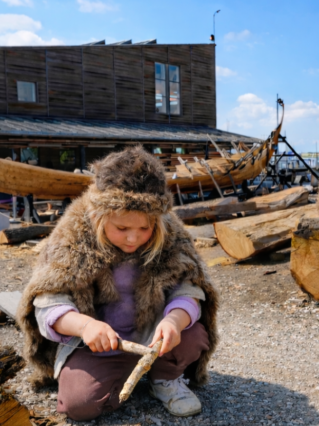 En ung pige, klædt ud som en viking, sidder og suger i et stykke træ ved en bådbyggeplads med træstykker og en nybygget båd i baggrunden.