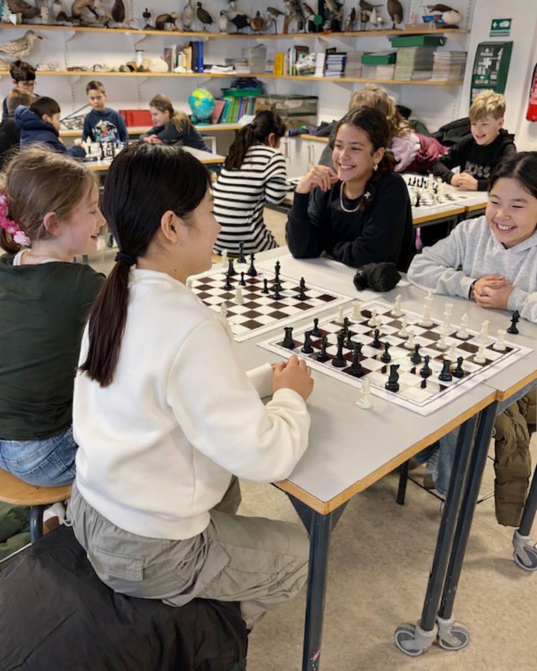 Børn spiller skak ved et bord til den årlige skakdag på Skt. Josefs Skole