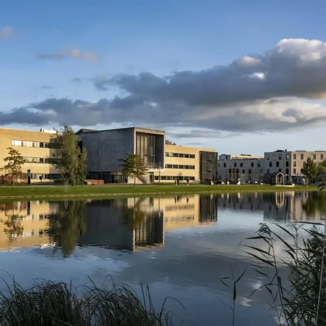 Moderne bygninger ved en sø med reflektion af skyer og bygninger, omgivet af græs og nogle træer.
