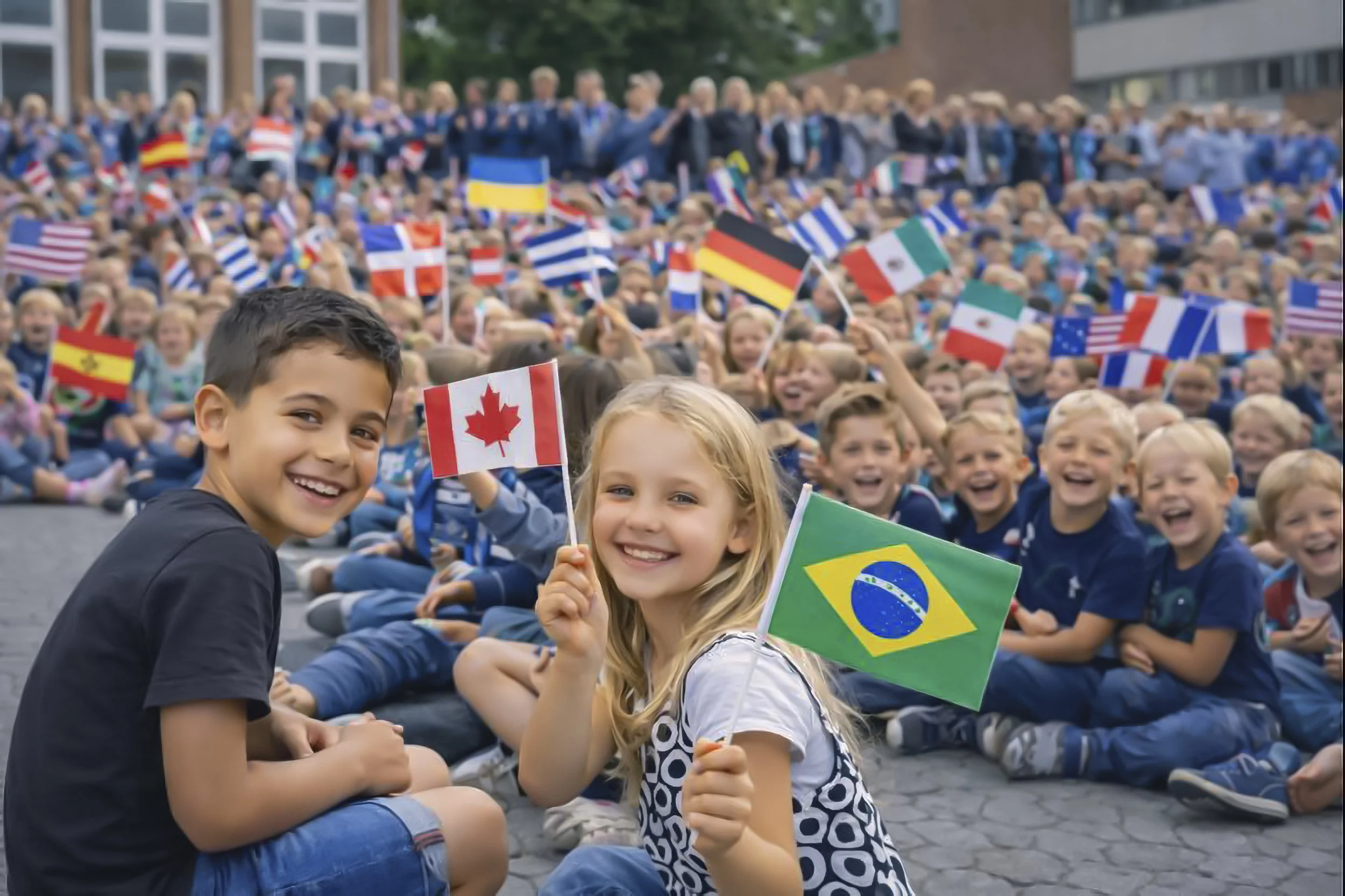 Glade elever med flag ved indvielsen af Skt. Josef's International School