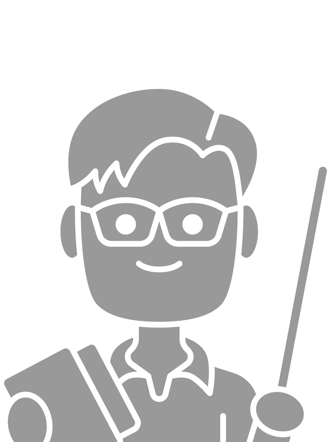 En grafisk illustration af en person med briller, kort hår, smil, og en bog eller notesbog over skulderen, med en lineal i hånden.